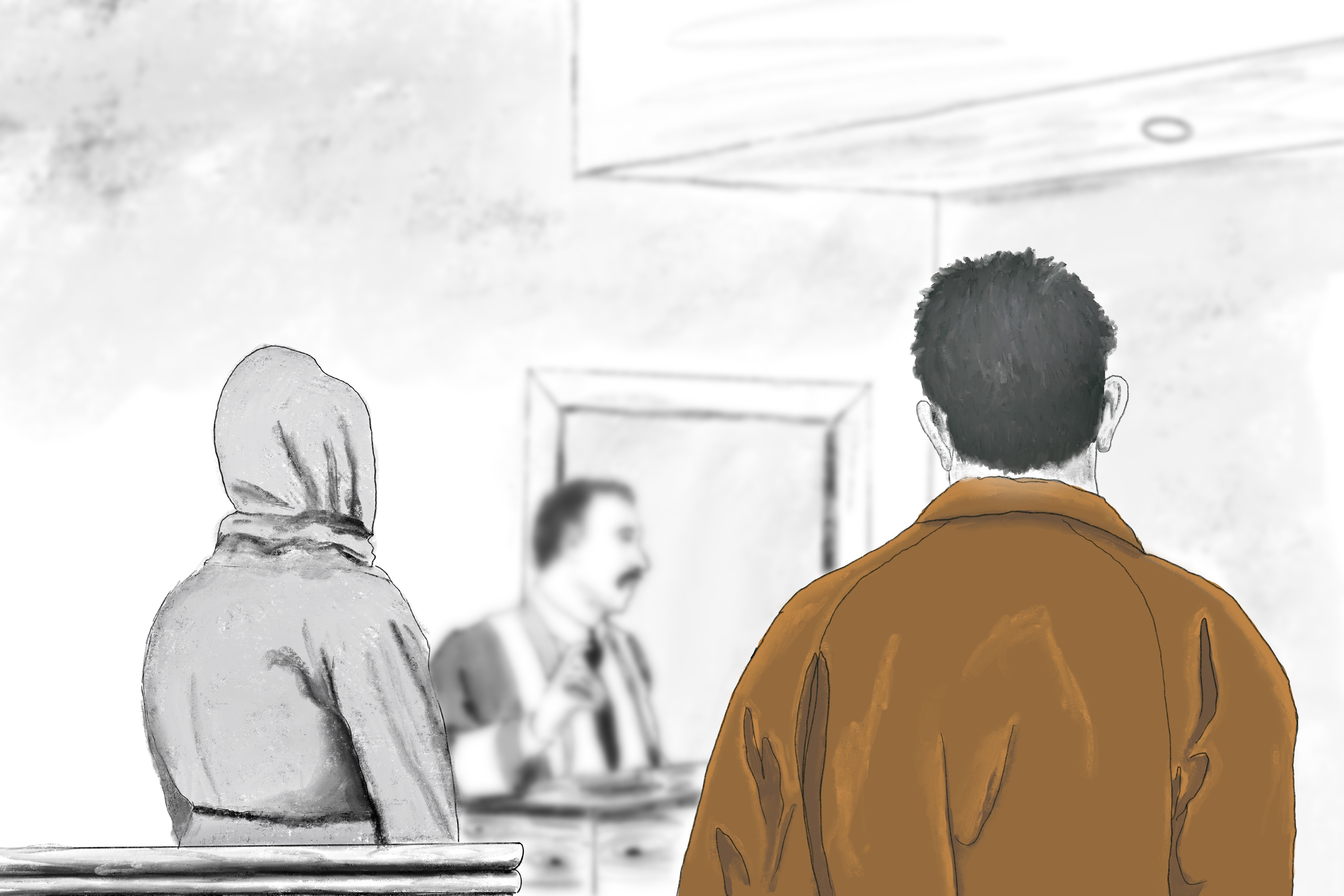 An illustration of a courtroom with a man and a woman standing next to each other and a judge in front.