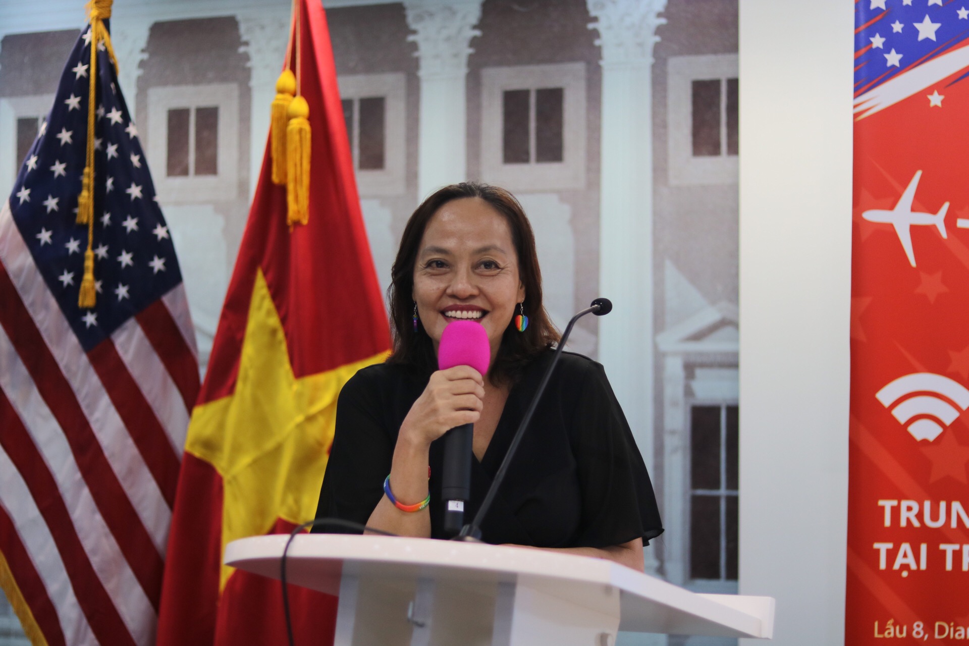 Mong Nguyen leads a PFLAG event at the American Center in Ho Chi Minh City, Vietnam [Photo by Govi Snell]