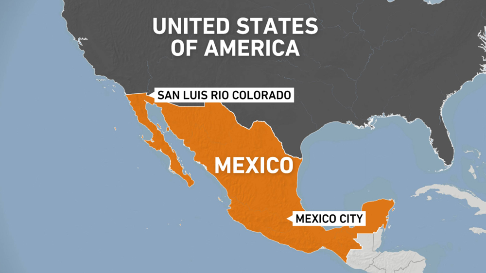 Map of Mexico showing location of San Luis Rio Colorado in north west near US border