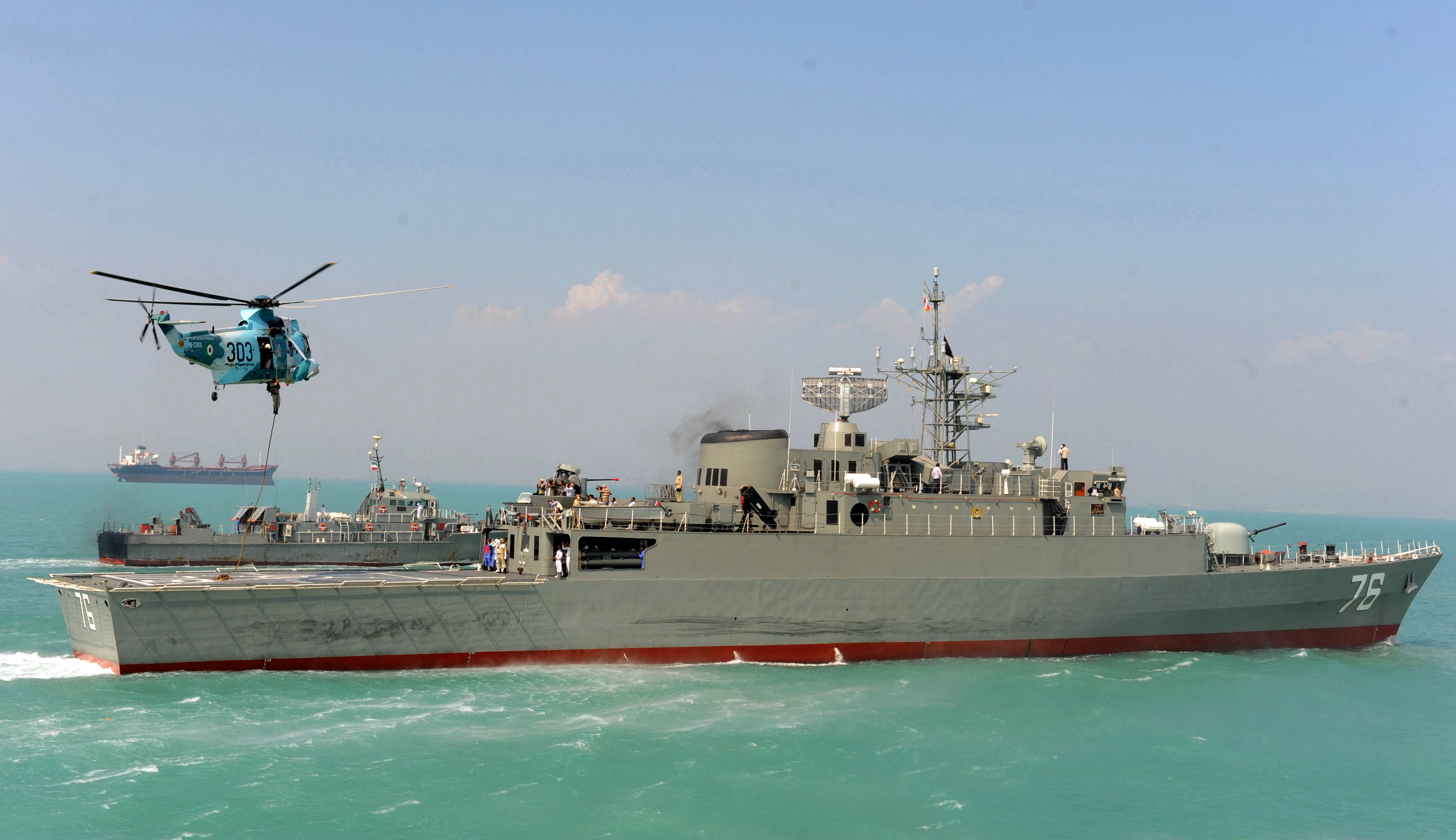 Iran's first domestically made destroyer Jamaran sails in the Gulf.