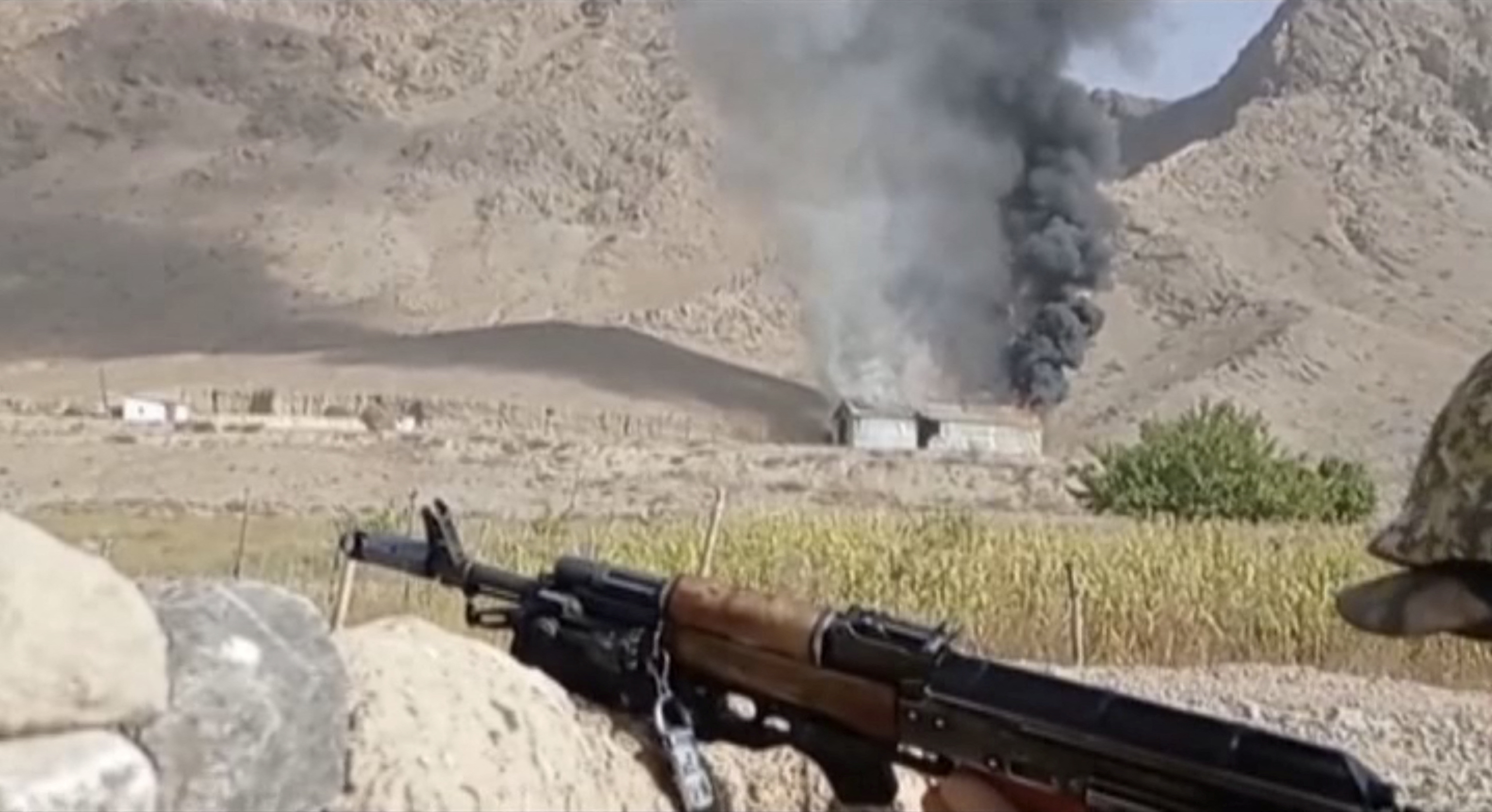 A still image from video, released by the Kyrgyz border guard service, shows what it said to be active military confrontations on the Kyrgyz-Tajik border on September 16, 2022 [Kyrgyz Border Guard Service via Reuters]
