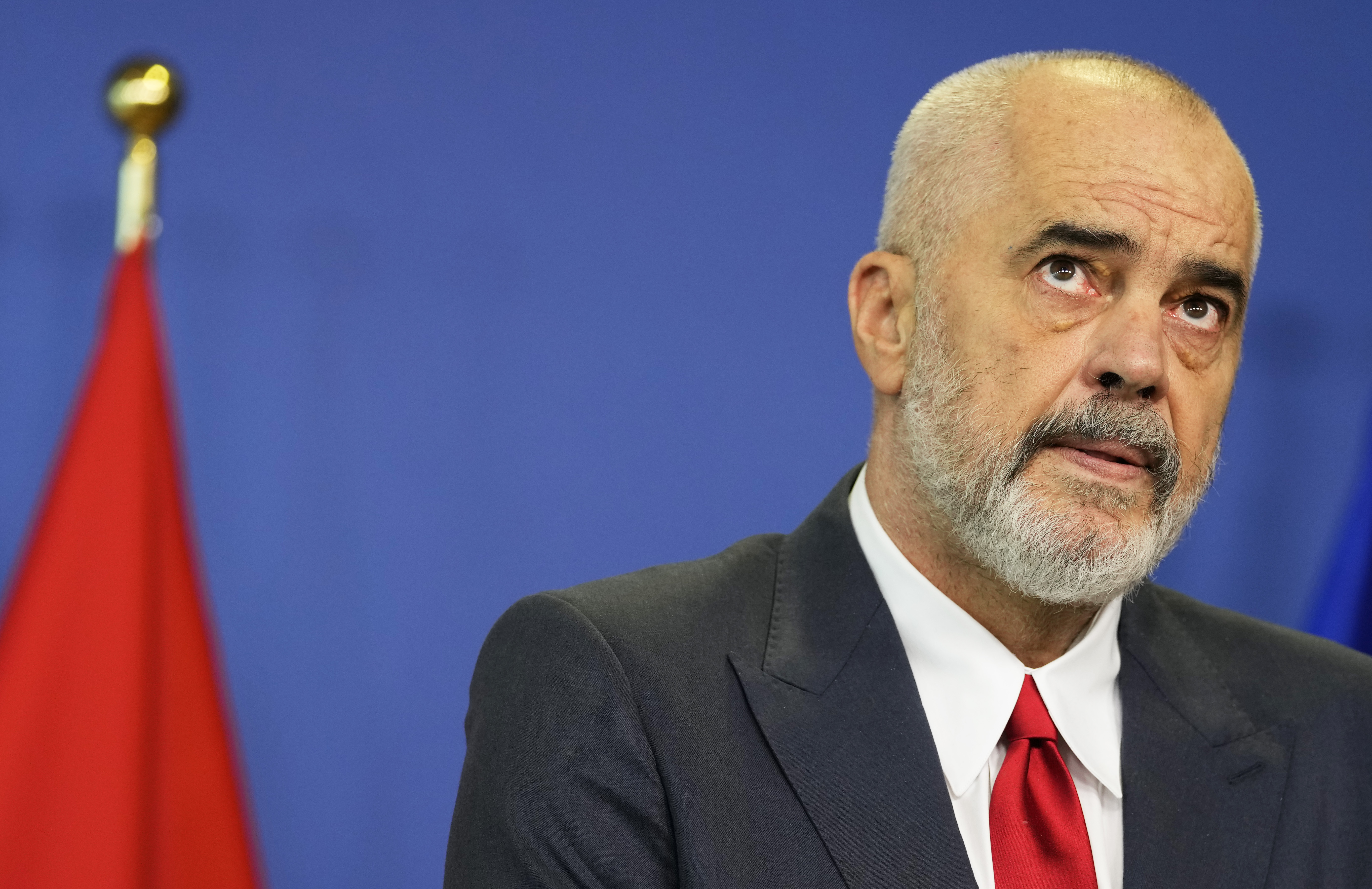 Albanian Prime Minister Edi Rama addresses a media conference at EU headquarters in Brussels.