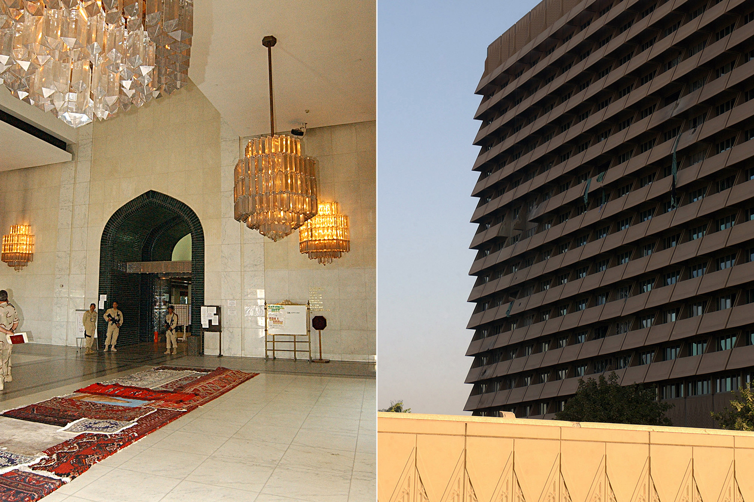 Left – The Al Rasheed in 2005 after it was taken over by the US military [James Gordon/Flikr]. Right – The hotel exterior in 2003. That year, the US-led coalition invaded Iraq and US troops took over the hotel [National Archives at College Park – Still Pictures via Digital Public Library of America]