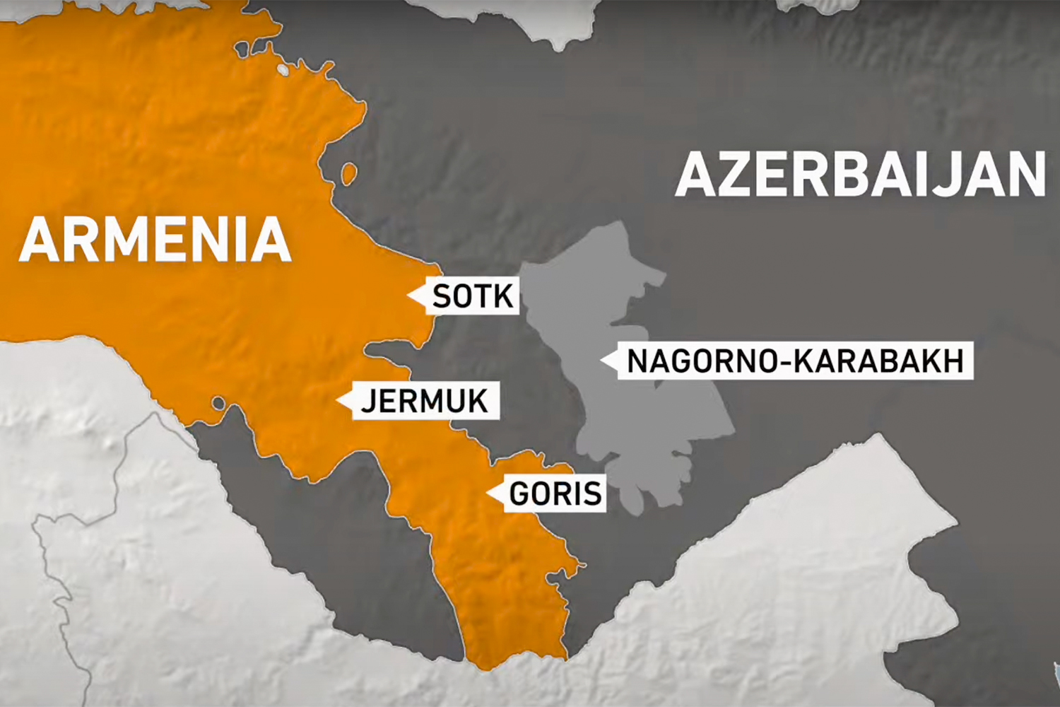 Map highlighting areas affected in Azerbaijan, Armenia border clashes