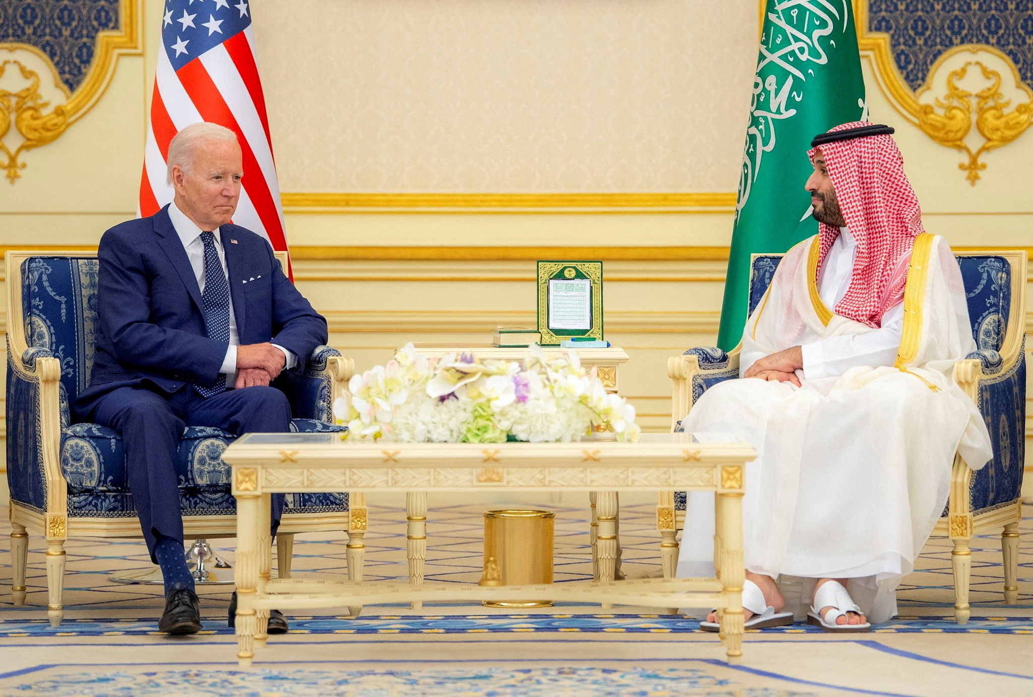 FILE PHOTO: Saudi Crown Prince Mohammed bin Salman and U.S. President Joe Biden meet at Al Salman Palace upon his arrival in Jeddah, Saudi Arabia, July 15, 2022. Bandar Algaloud/Courtesy of Saudi Royal Court/Handout via REUTERS ATTENTION EDITORS - THIS PICTURE WAS PROVIDED BY A THIRD PARTY REFILE - CORRECTING ID/File Photo