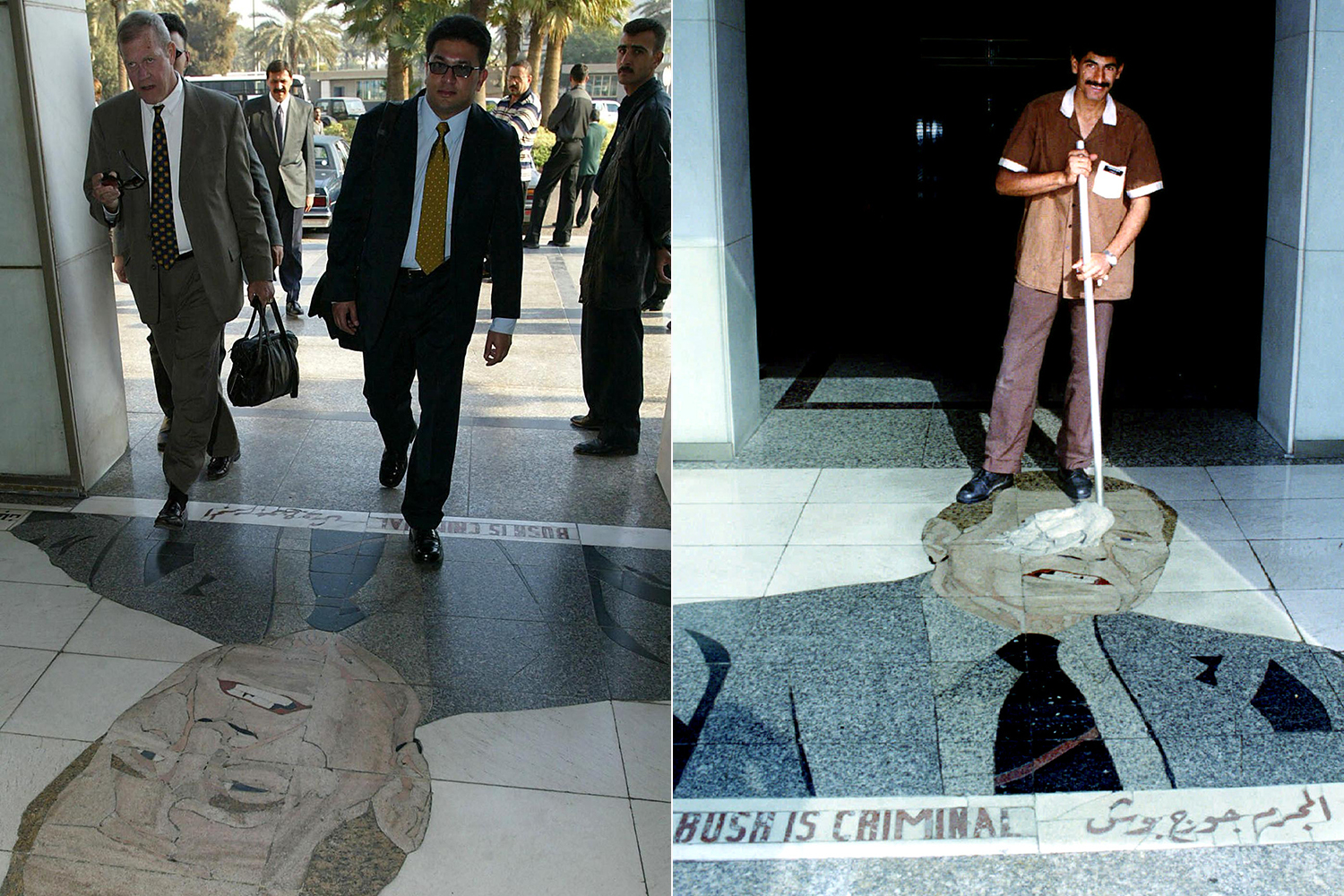 Left – In November 2002, members of the United Nations team of weapons inspectors walk over the mosaic of former US President George HW Bush [Awad Awad/AFP]. Right – An employee at the Al Rasheed cleans the hotel entrance in 1994