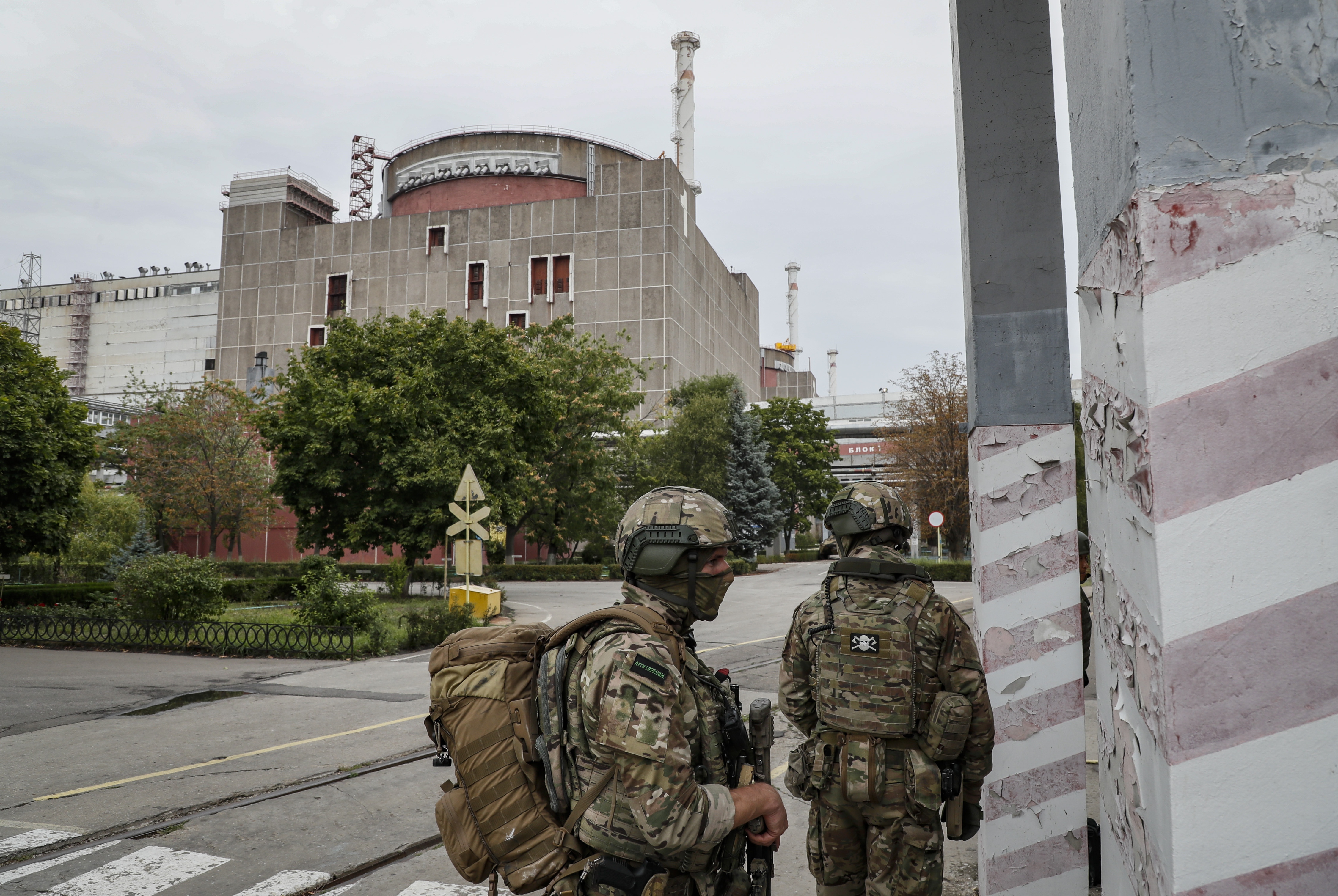 Russian service members guard on the territory of the Zaporizhzhia Nuclear Power Plant in Enerhodar, southeastern Ukraine.