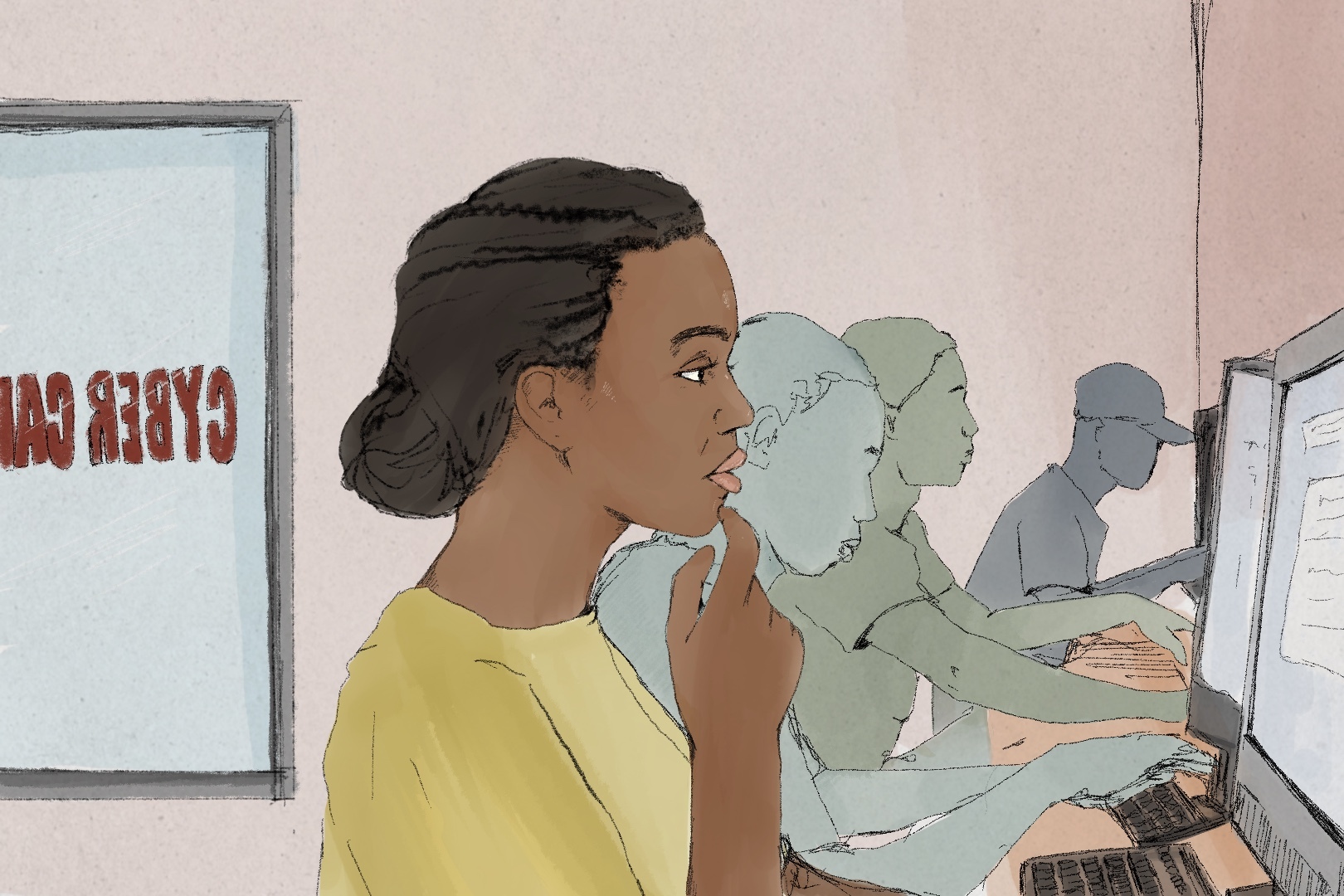 An illustration of people at an internet cafe