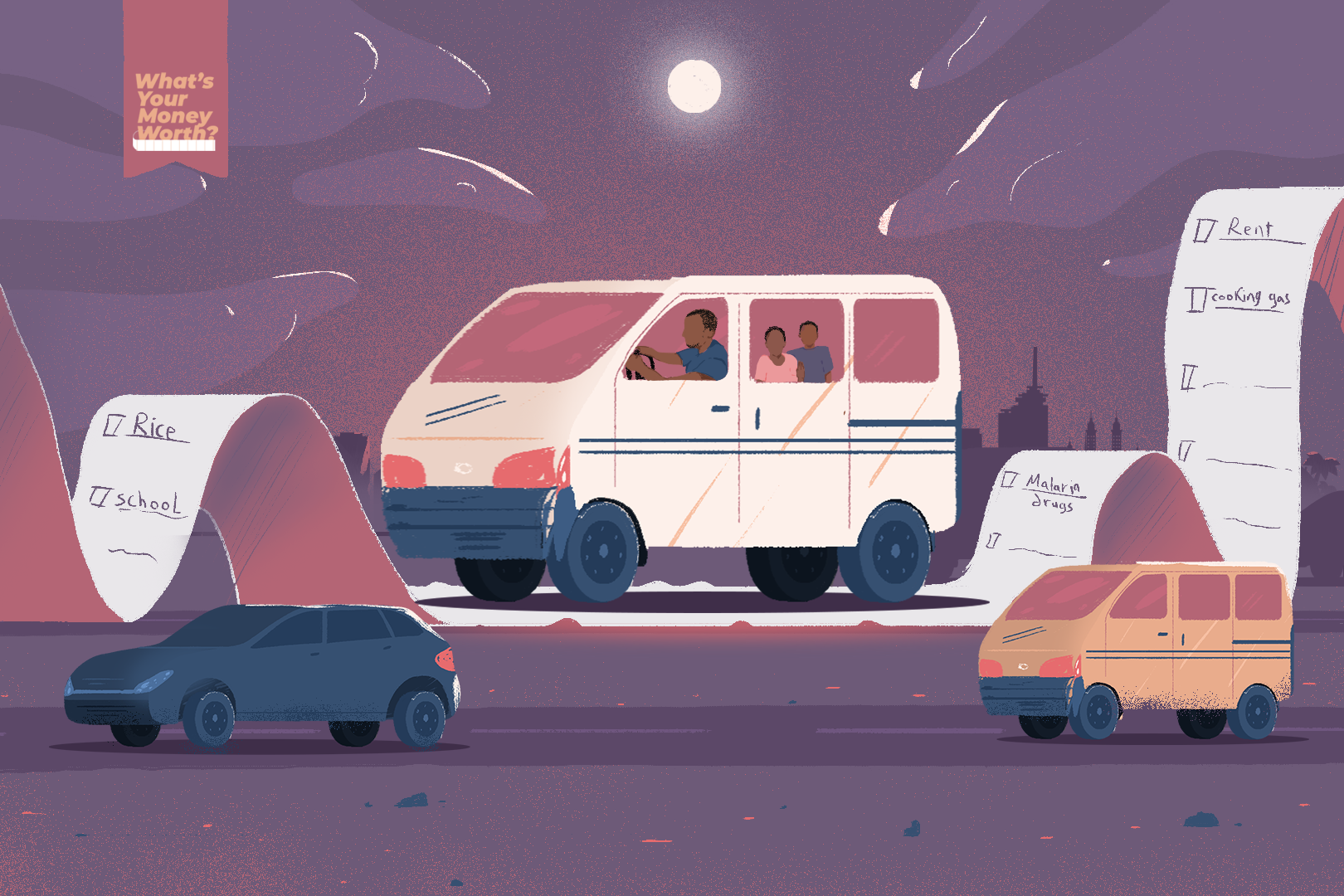 Illustration of a bus on a road that looks like a shopping list