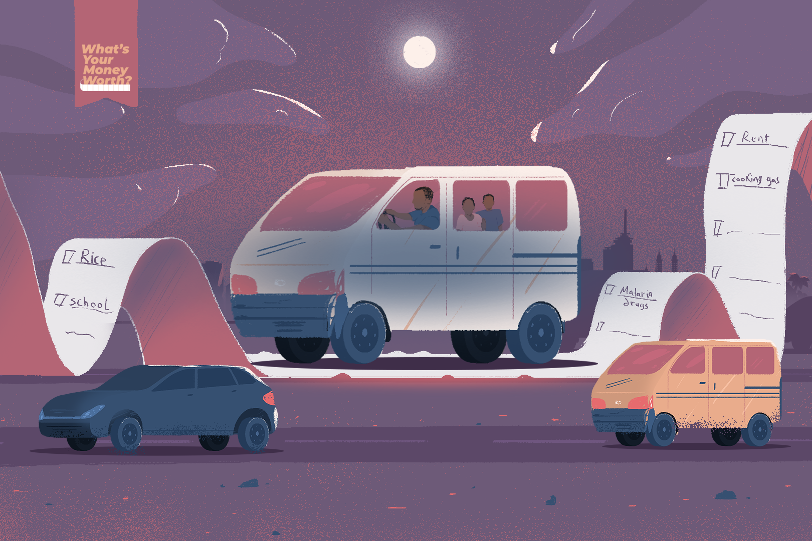 Illustration of a bus riding along a shopping list road