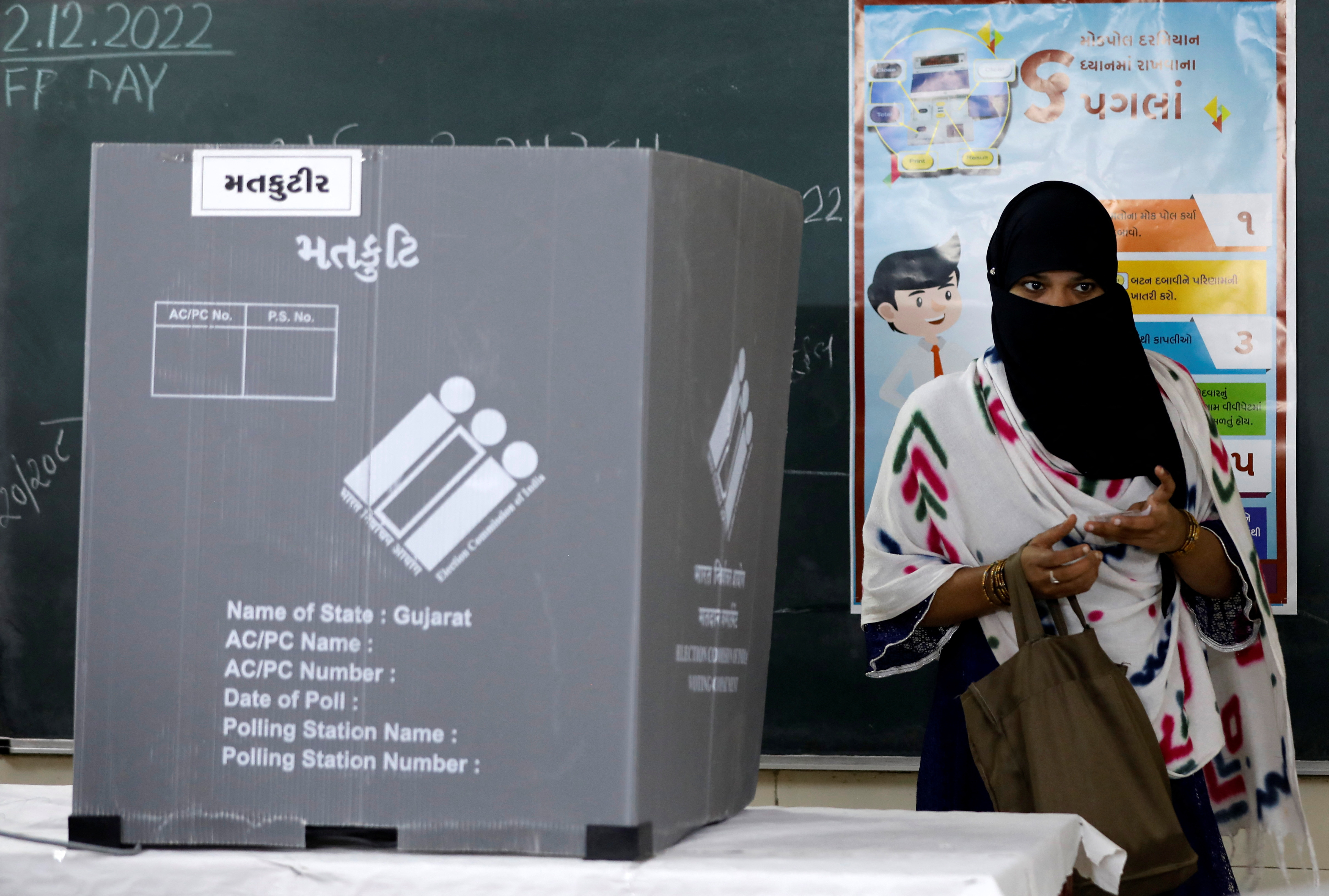 A woman leaves a polling booth after casting her vote during the second and last phase of Gujarat state assembly election in Ahmedabad, India, December 5, 2022. REUTERS/Amit Dave