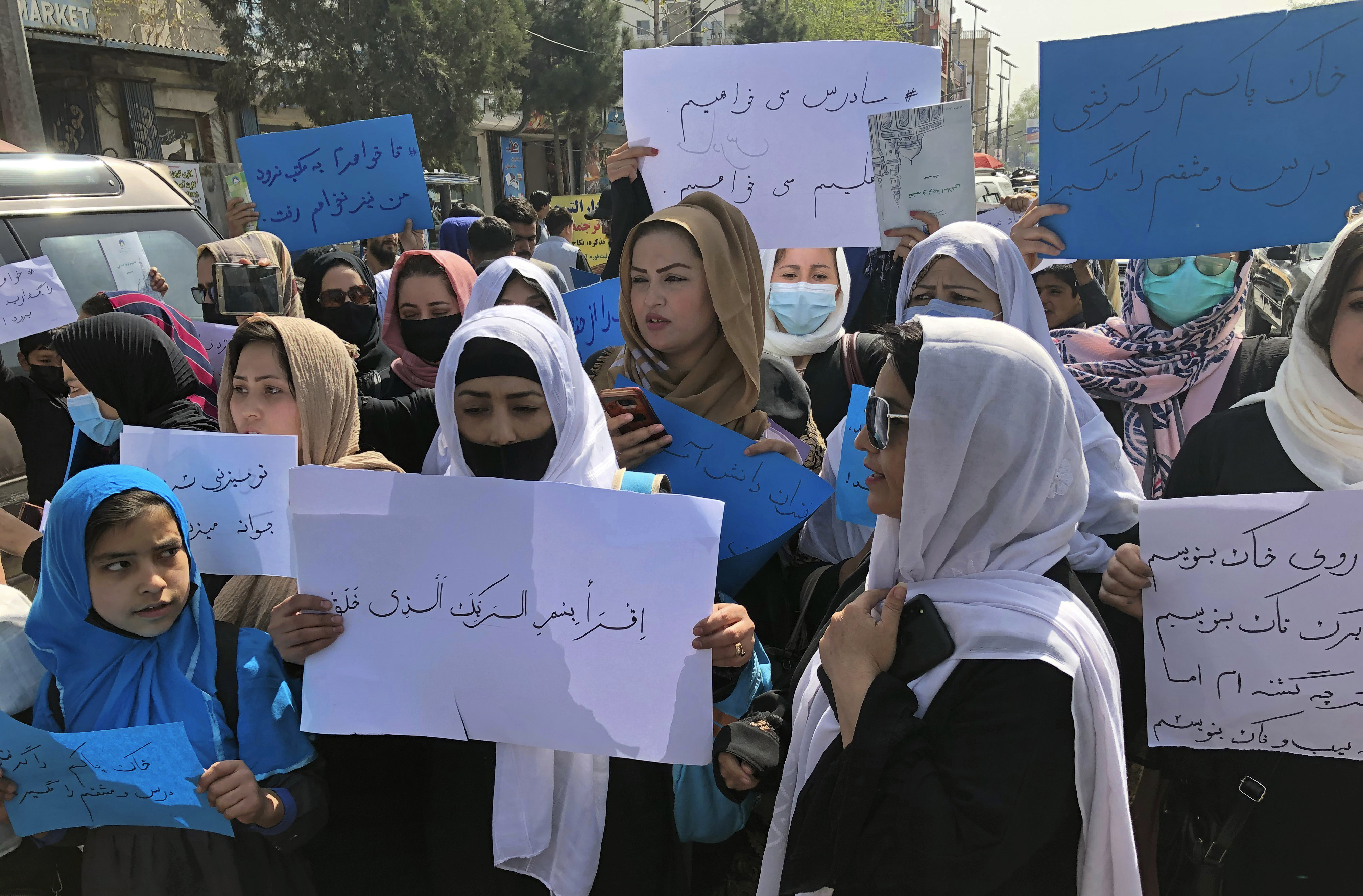 Afghan women and girls protest against a ban on girls’ schools in Kabul on March 26, 2022