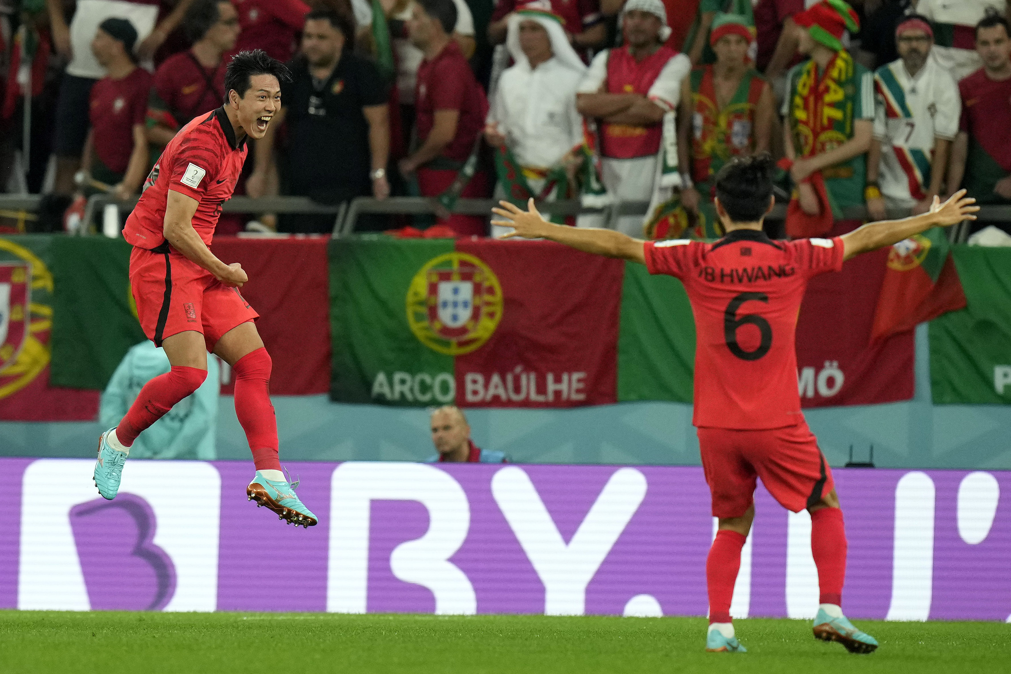 South Korea’s Na Sangho (left) and Hwang Inbeom celebrate scoring their side’s first goal during the World Cup Group H match between South Korea and Portugal at Education City Stadium, December 2, 2022