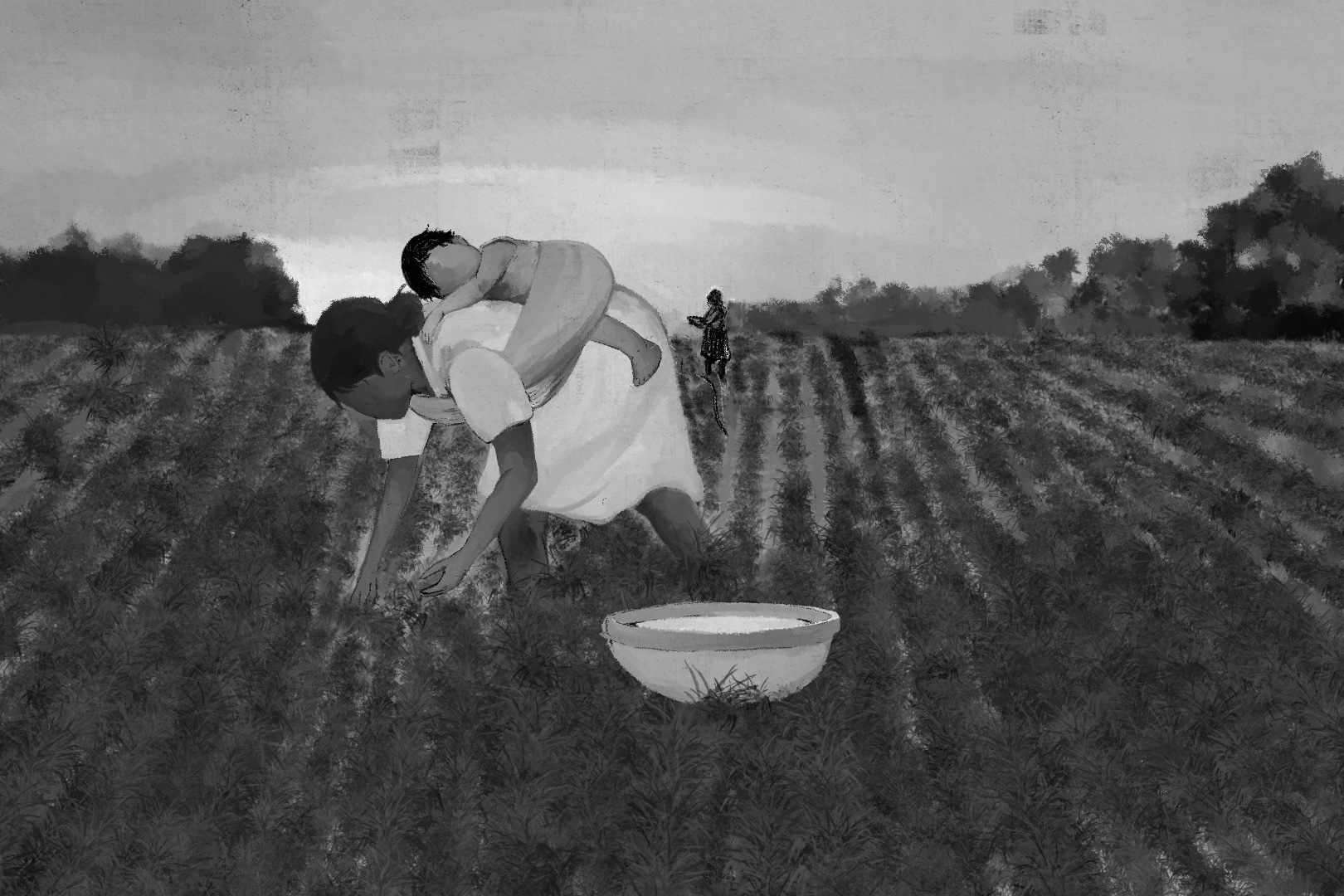 An illustration of a women picking something from the fields with a baby on her back/