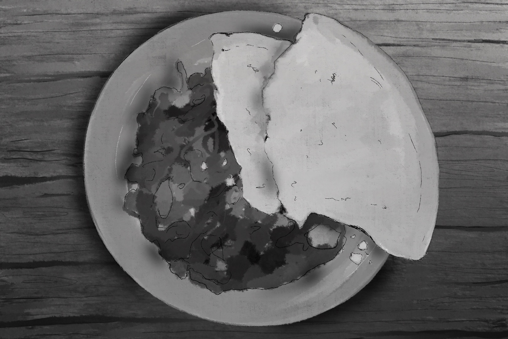 An illustration of a plate of curry with two pieces of bread on top.