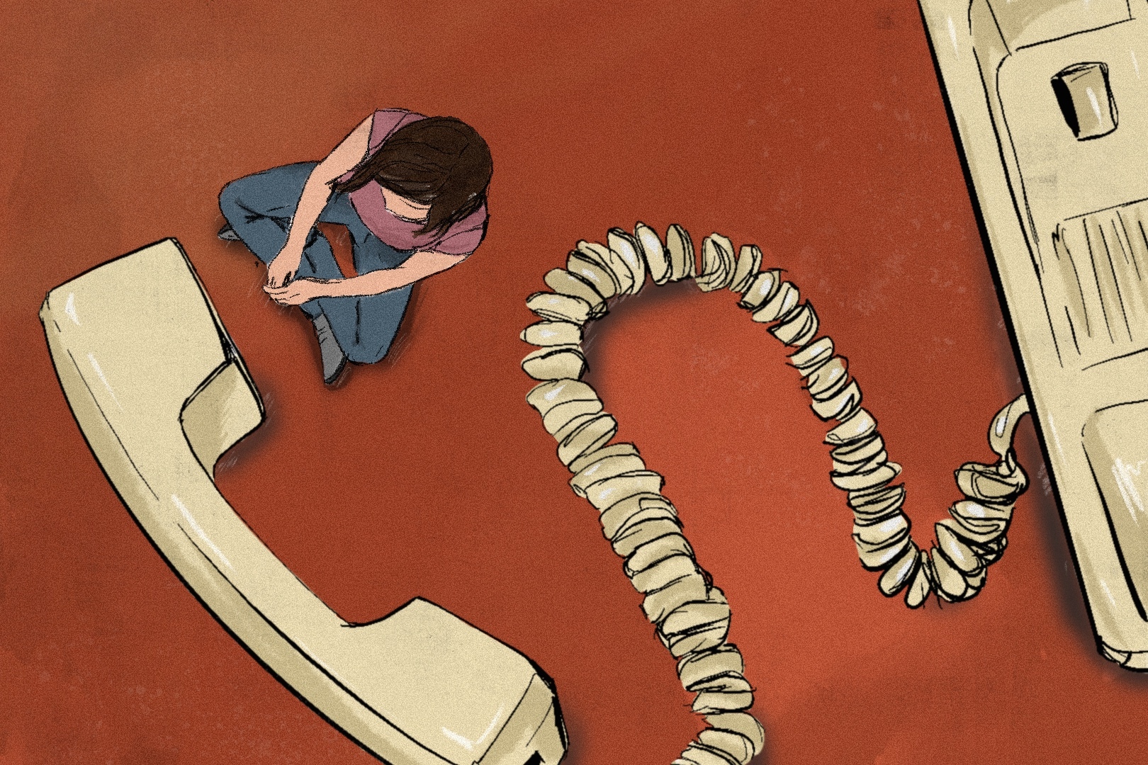 An illustration with a person sitting cross legged on the floor and a giant landline phone next to them.