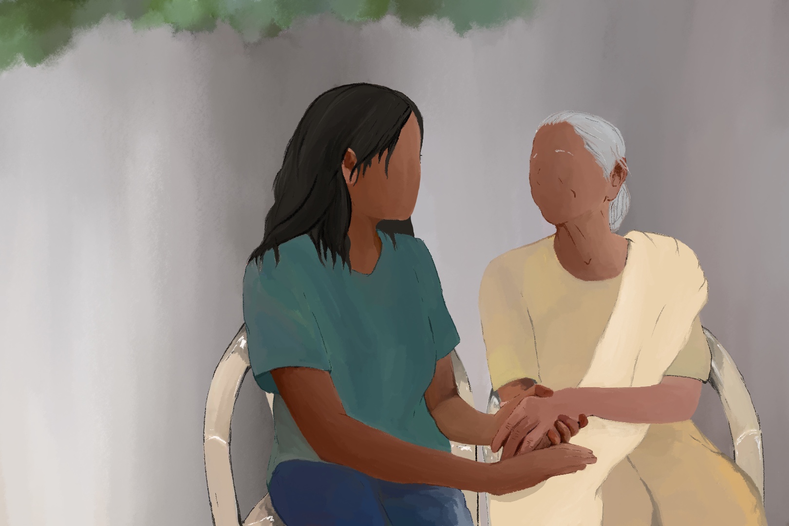 An illustration of two people sitting next to each other holding hands.