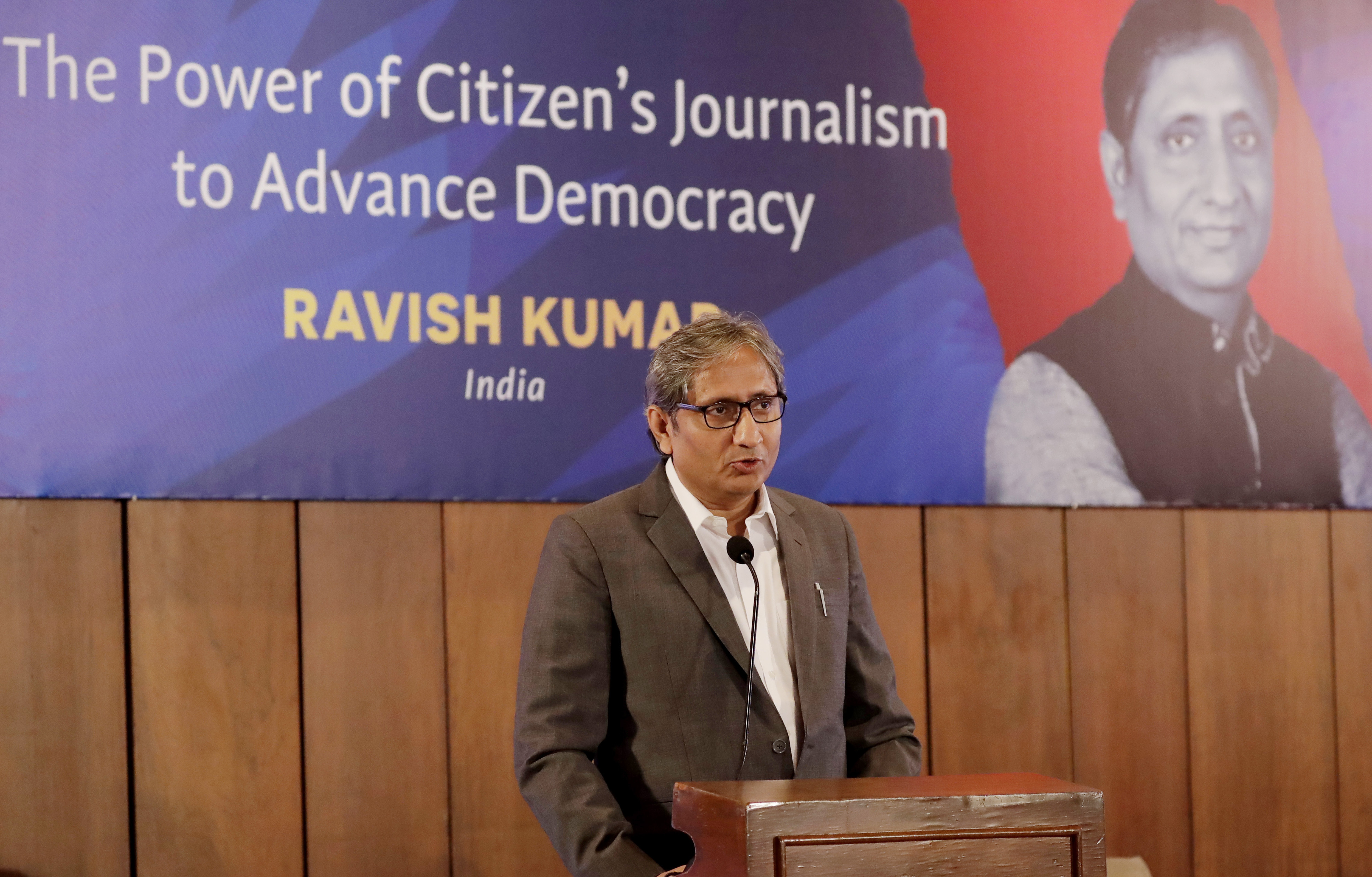 Ravish Kumar of India, one of five recipients of the Ramon Magsaysay Awards for this year, delivers his lecture on the "Power of Citizen's Journalism to Advance Democracy" Friday, Sept. 6, 2019, in Manila, Philippines. The Ramon Magsaysay Awards, Asia's equivalent of the Nobel Prize, is given annually to Asians in honor of the late Philippine President Ramon Magsaysay who died in a plane crash. Other awardees are Kim Jong-ki of South Korea, Angkhana Neelapaijit of Thailand, Ko Swe Win of Myanmar and Raymundo Cayabyab of the Philippines. (AP Photo/Bullit Marquez)
