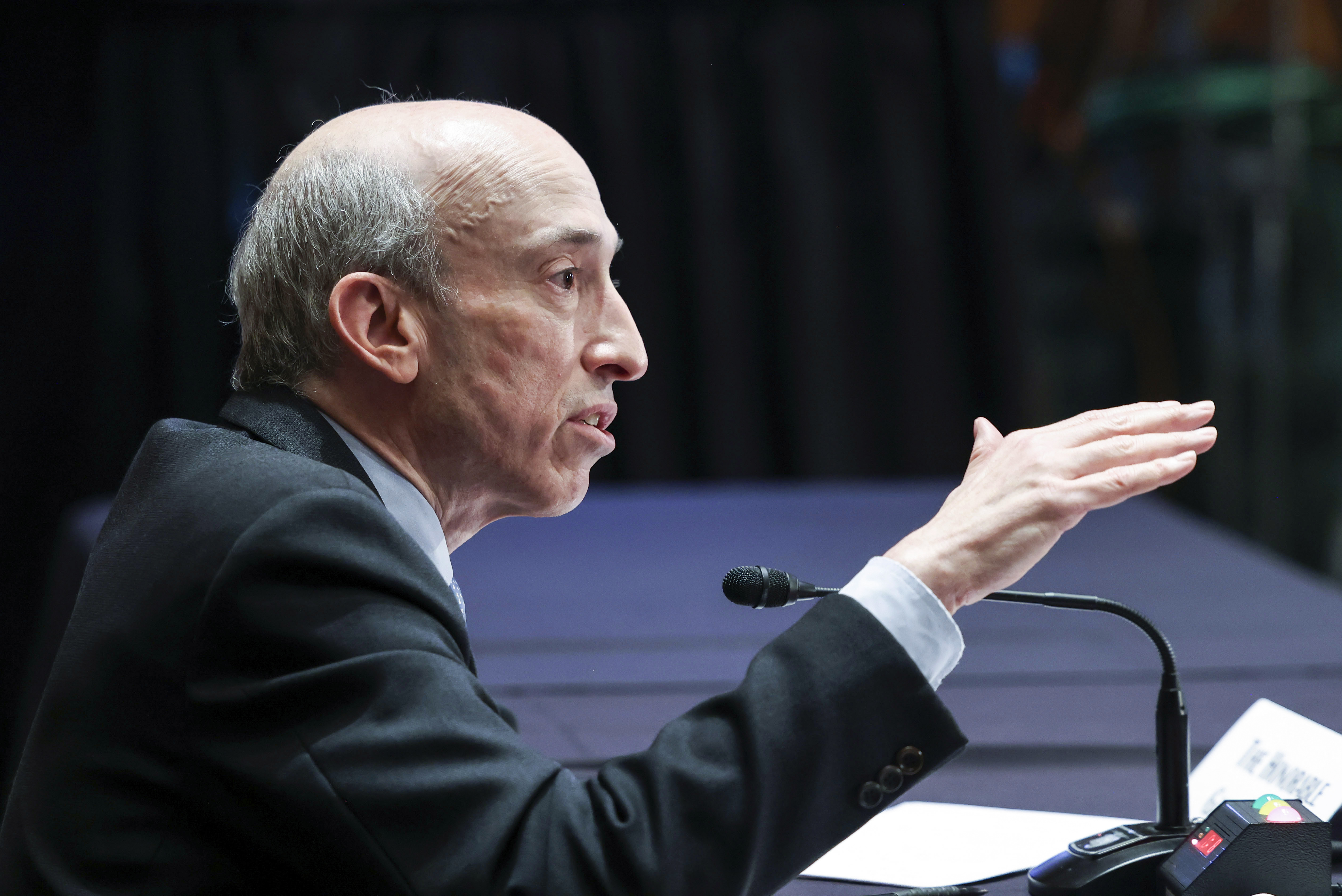 Securities and Exchange Commission, Chairman Gary Gensler speaks during a Senate Banking, Housing, and Urban Affairs Committee hearing on "Oversight of the U.S. Securities and Exchange Commission" on Tuesday, Sept. 14, 2021, in Washington. (Evelyn Hockstein/Pool via AP)