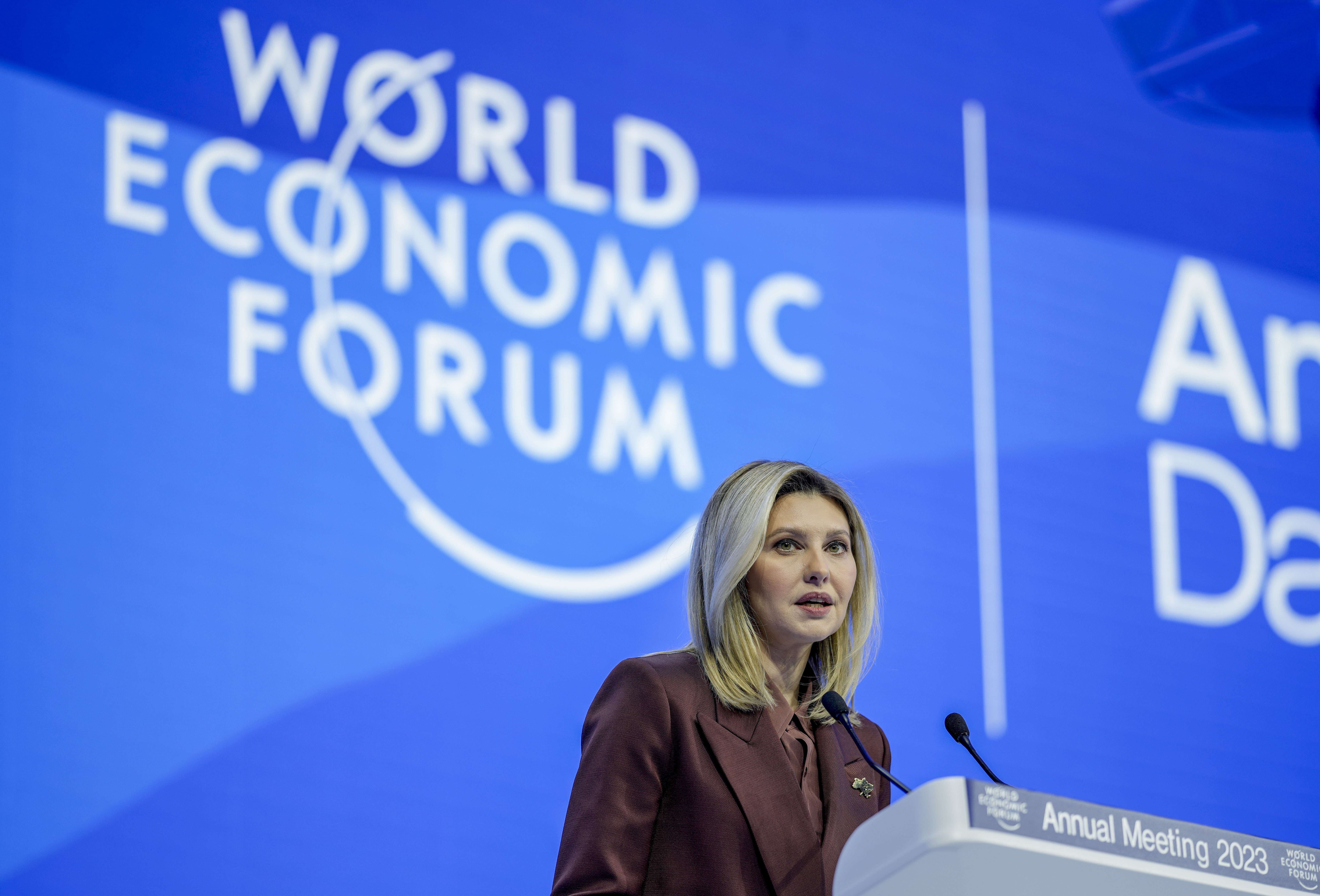 First Lady of Ukraine Olena Zelenska delivers a speech at the World Economic Forum in Davos, Switzerland