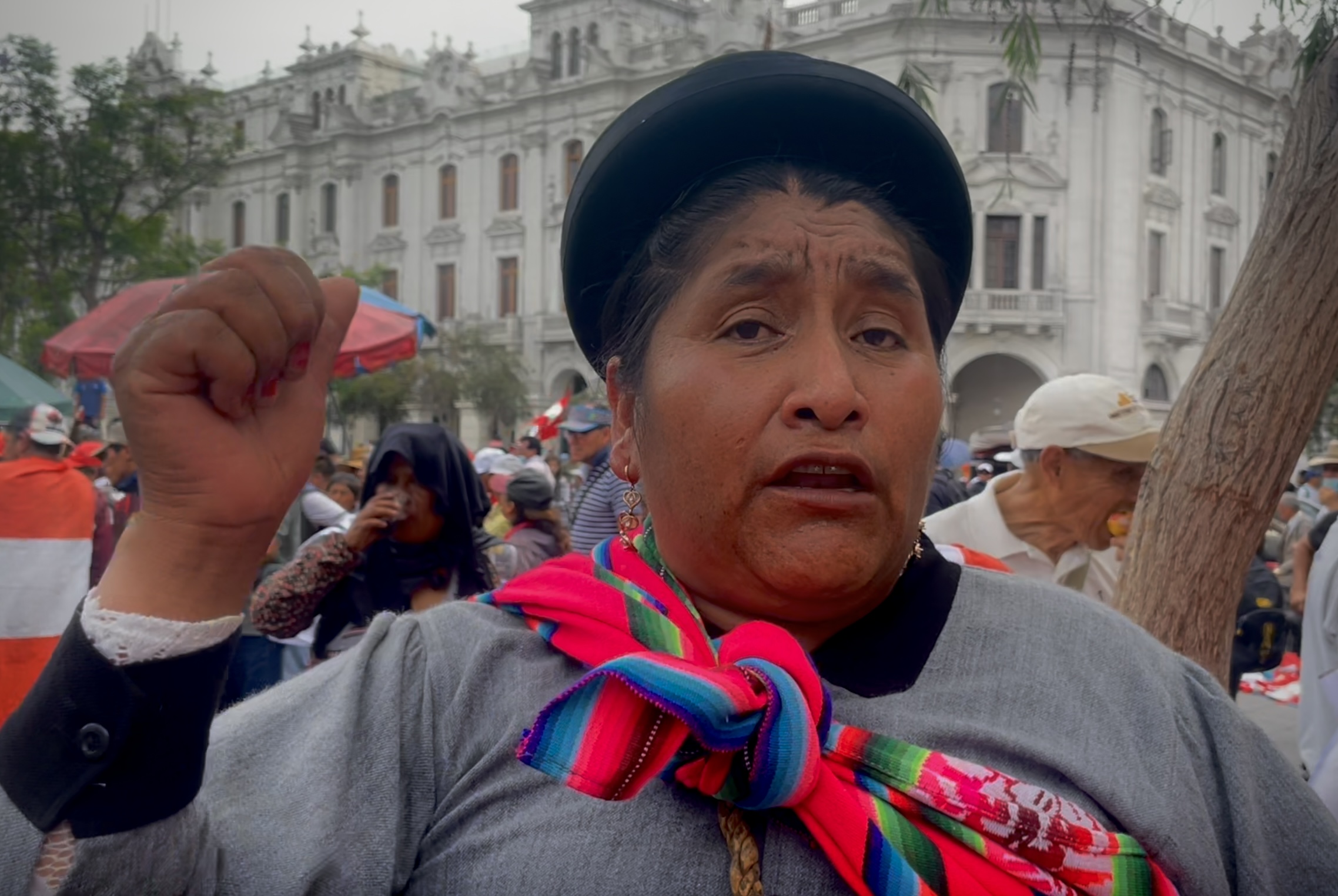 A demonstrator in Lima looks into the camera and raises a fist in protest.