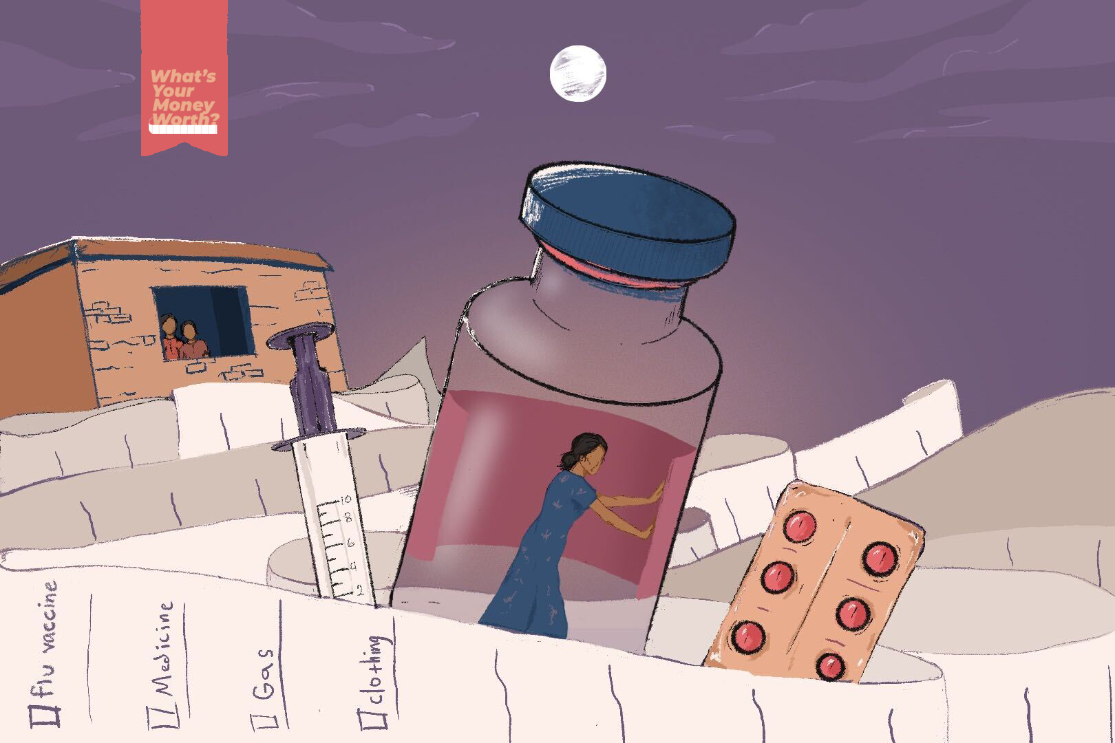 An illustration of a woman in a vaccine filled with a syringe on her left and some pills on her left and a building with two people looking out of the window in the background. There's also a list with flue vaccine, medicine, gas, clothing, etc all around.
