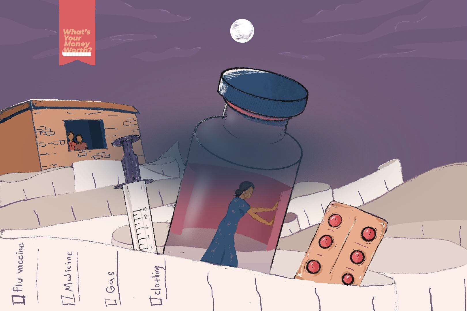 An illustration of a woman in a vaccine filled with a syringe on her left and some pills on her left and a building with two people looking out of the window in the background. There's also a list with flue vaccine, medicine, gas, clothing, etc all around.