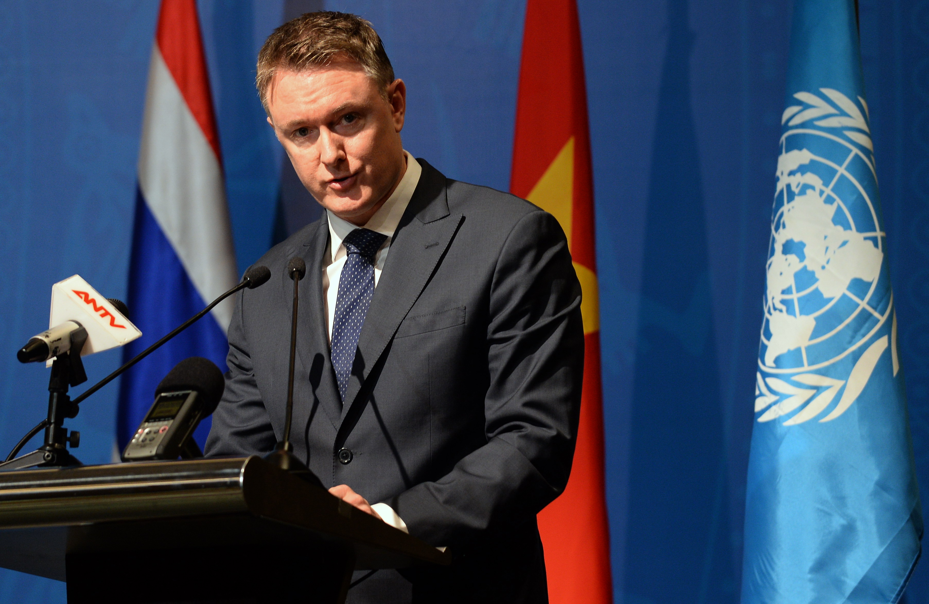 Geremy Douglas, Regional Representative from UNODC (United Nations Office on Drugs and Crime) for Southeast Asia, delivers a speech at a ministerial meeting on anti-narcotics cooperation between Mekong sub-region countries in Hanoi on May 21, 2015. The 3-day conference gathers officials from Cambodia, China, Laos, Myanmar, Thailand, Vietnam and the United Nations Office on Drugs and Crime for Southeast Asia . AFP PHOTO / HOANG DINH Nam