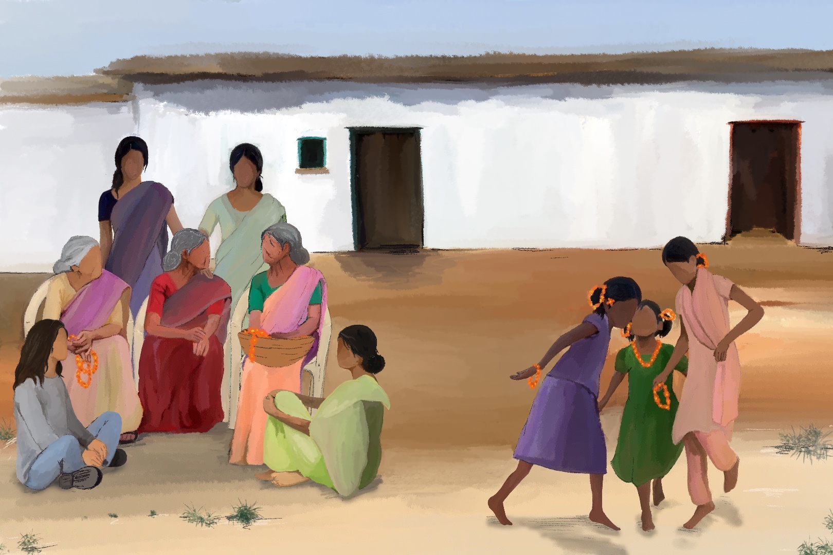An illustration of a group of middle-aged and elderly women sit and stand and speak while three girls with flower garlands play in a village in Tamil Nadu