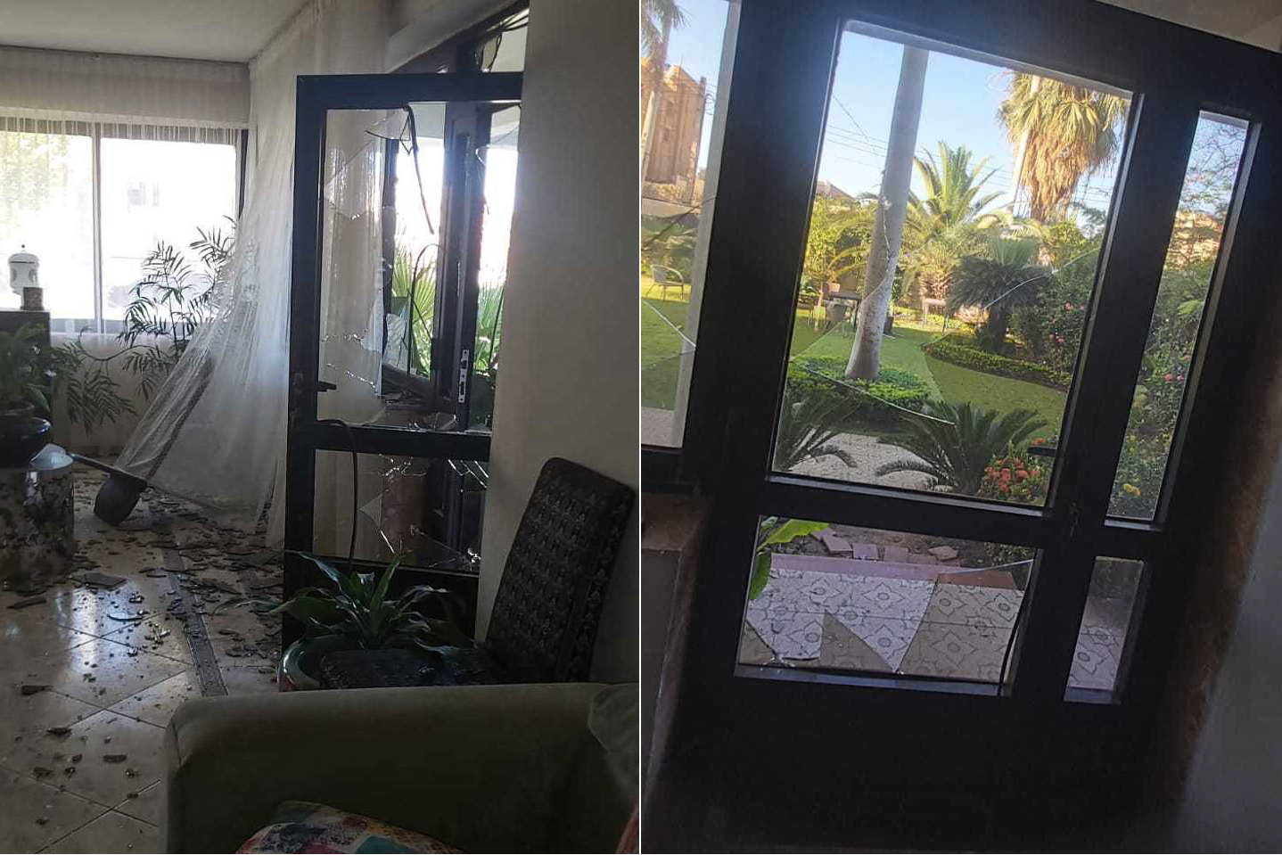 split photo of the damage tot Algash's living room