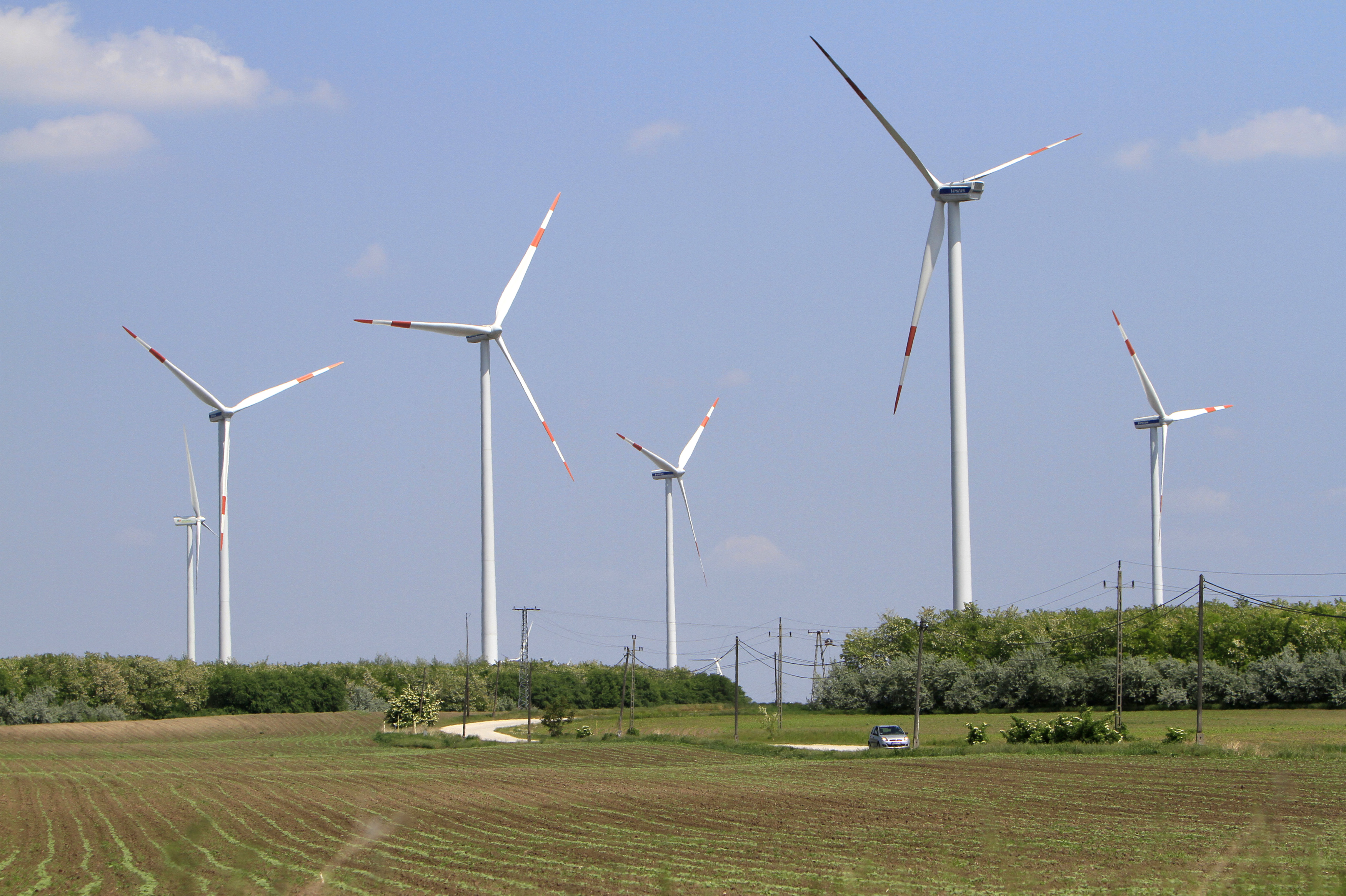 Wind turbines are seen in a wind farm near the town of Babolna, 100 km (62 miles) west Budapest May 18, 2011. There are about 160 wind turbines operating in the flatlands of Hungary with most of them in the northwestern areas. REUTERS/Bernadett Szabo(HUNGARY - Tags: SOCIETY)