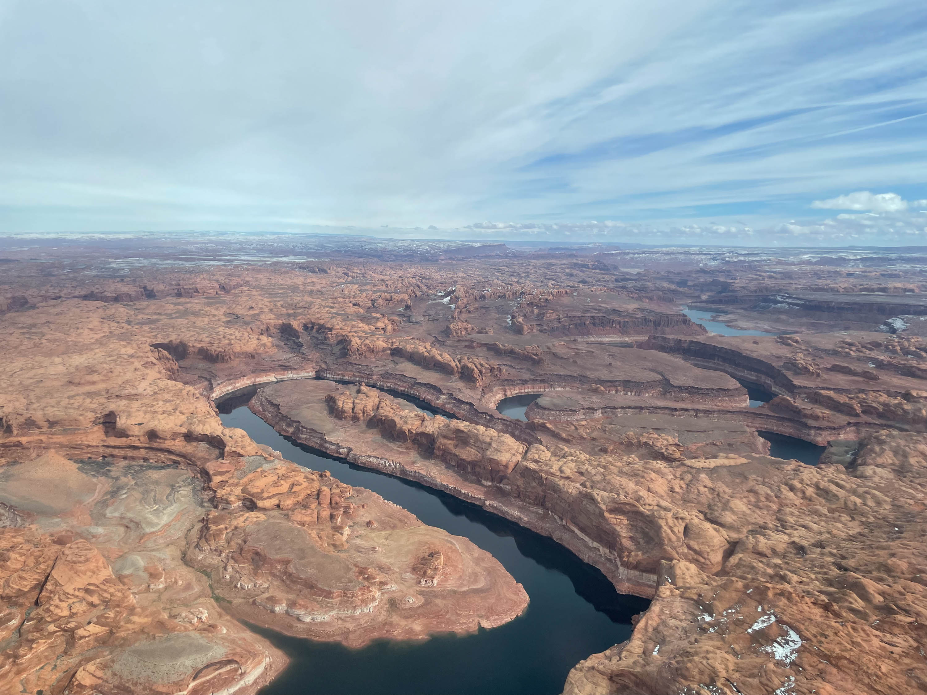 An aerial view of Lake Powell, the second-largest, man-made reservoir in the US, in Page, Arizona