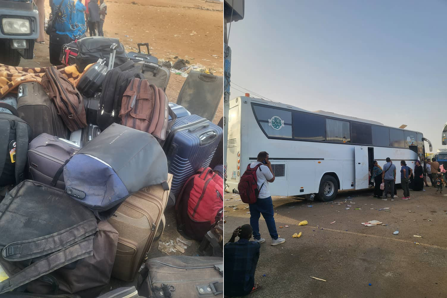 Luggage piled up on the sidewalk waiting to be moved into buses heading to Egypt, on April 27, 2023, and, right, people getting into a new bus at Argeen port on April 24 [Courtesy of Tibyan Farid]