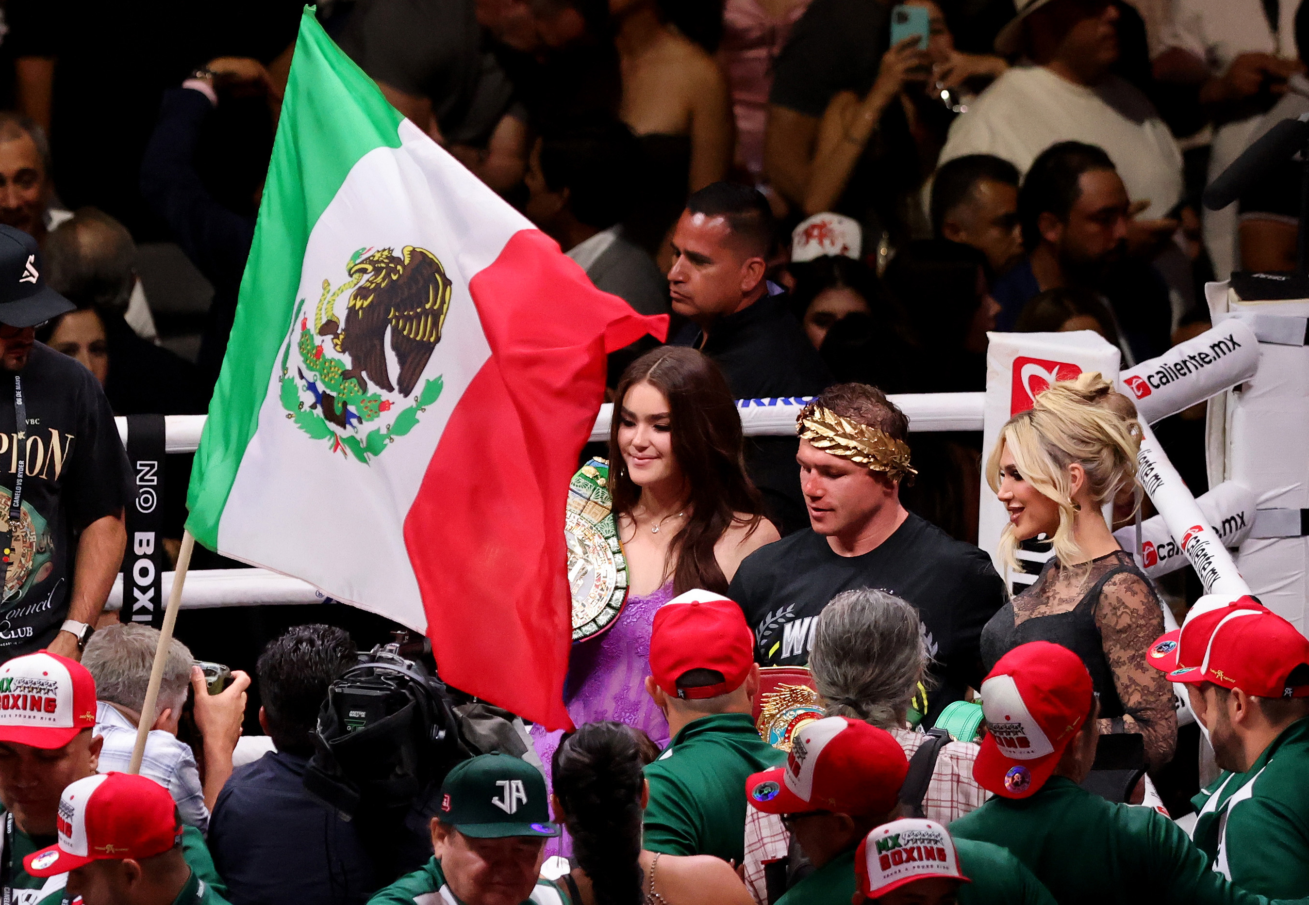 Mexican boxer Saul "Canelo" Alvarez celebrates his win against British boxer John Ryder for the super middleweight world title at Akron Stadium in Guadalajara, Jalisco State, Mexico on May 6, 2023. - Saul "Canelo" Alvarez made a triumphant return to Mexico, punishing John Ryder on the way to a unanimous 12-round decision to retain his undisputed super middleweight world title.