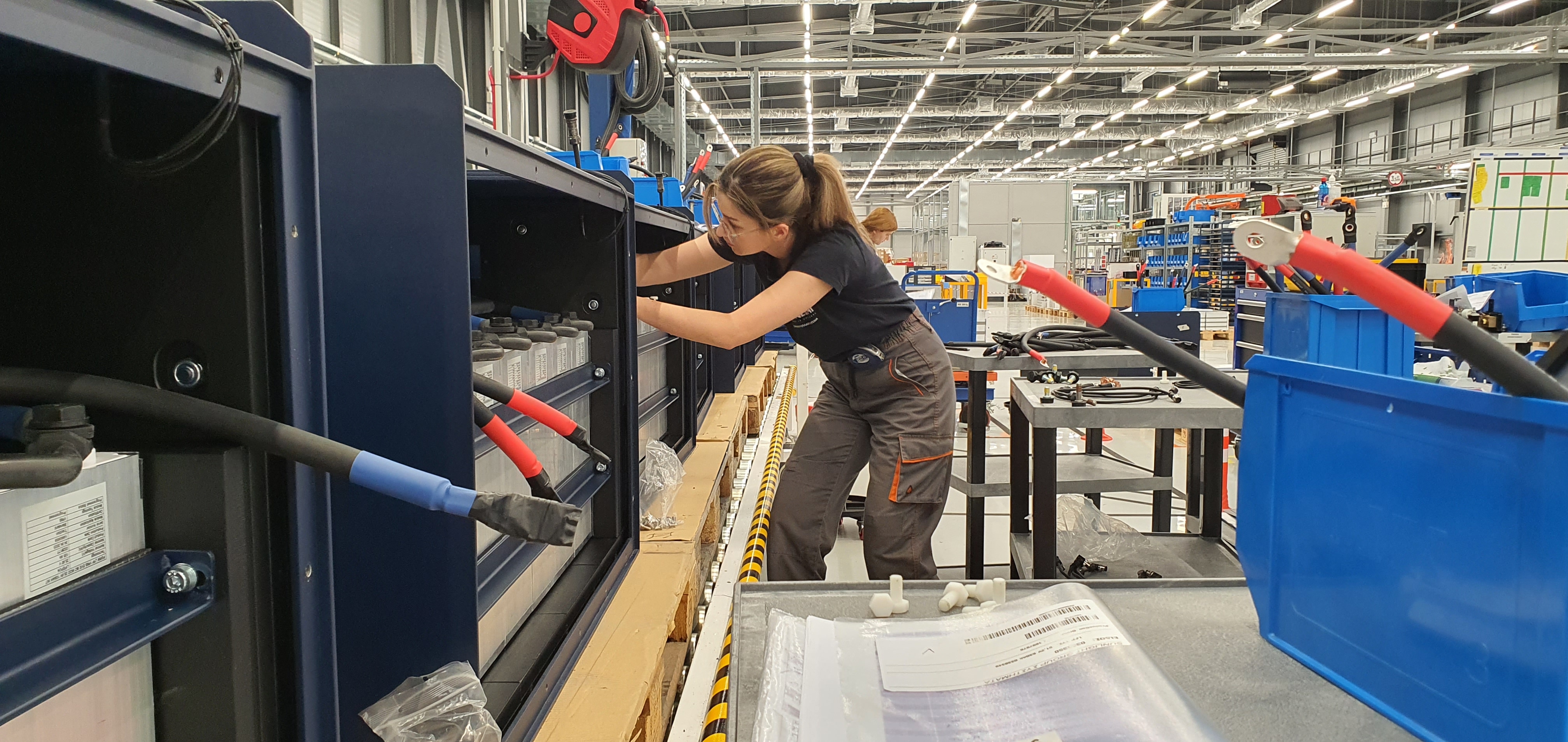 An employee assembles a forklift battery at the Sunlight factory in Xanthi, northern Greece