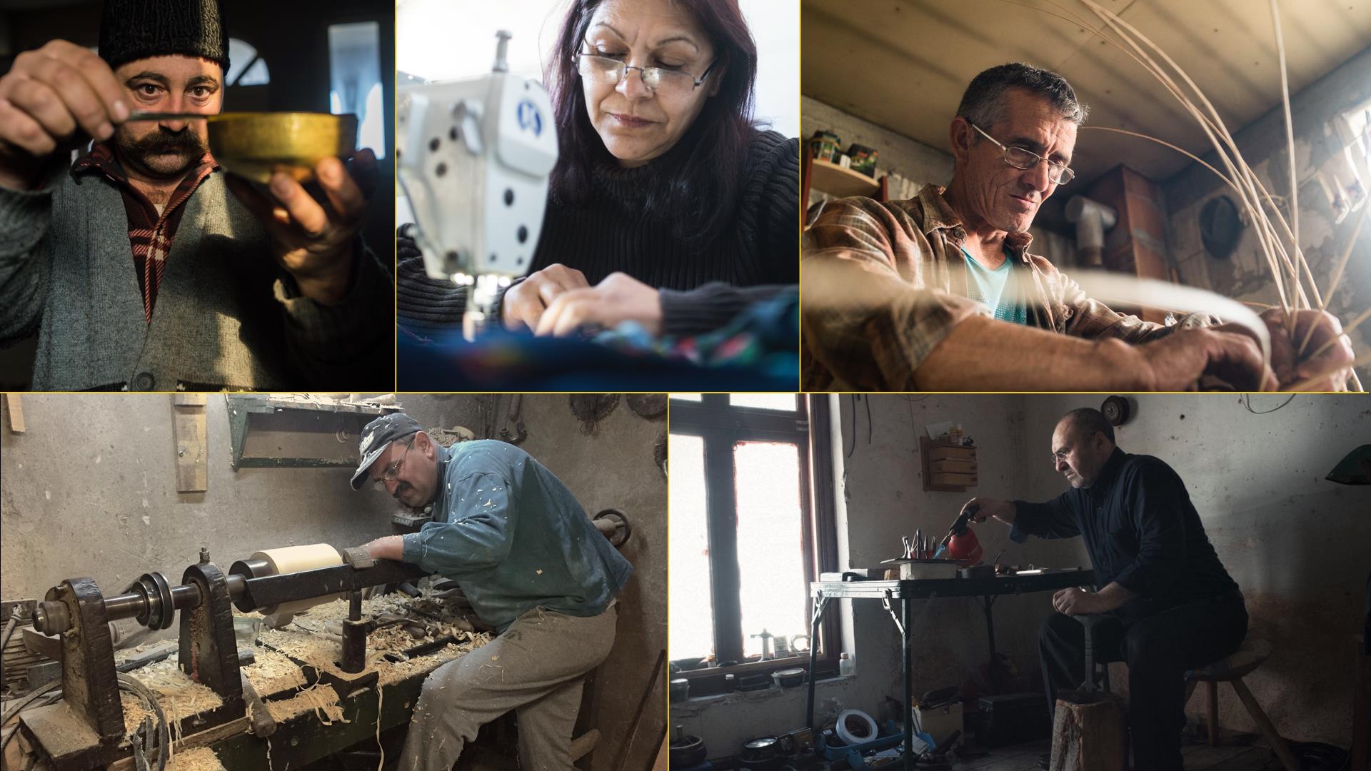 Picture collage showing Roma individuals working in different industries.