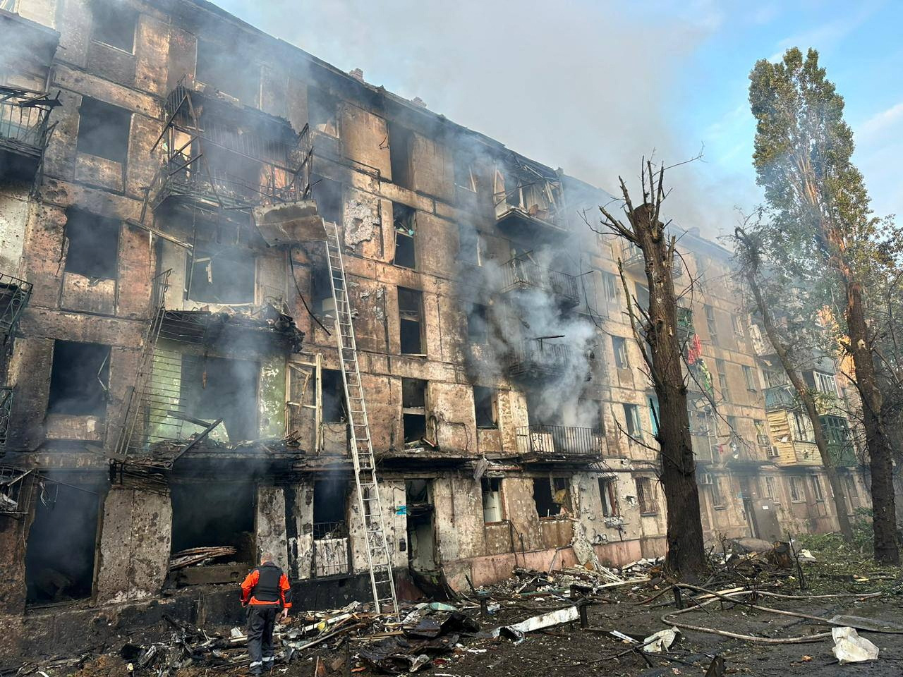 A residential building heavily damaged by a Russian missile strike in Kryvyi Rih, Ukraine