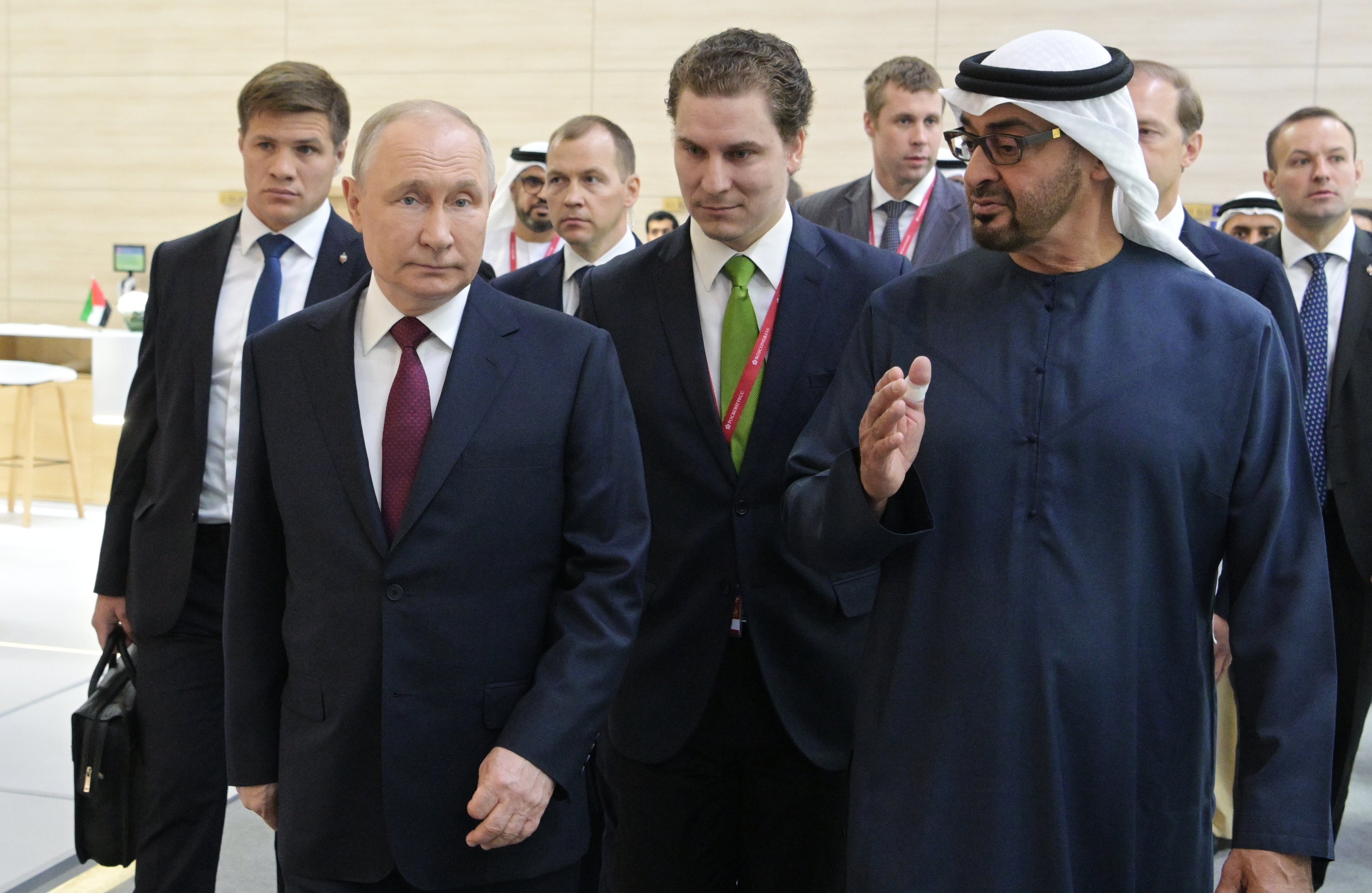 Russian President Vladimir Putin and UAE President Sheikh Mohamed bin Zayed al-Nahyan tour the UAE pavilion at the Saint Petersburg International Economic Forum (SPIEF) in Saint Petersburg on June 16, 2023.