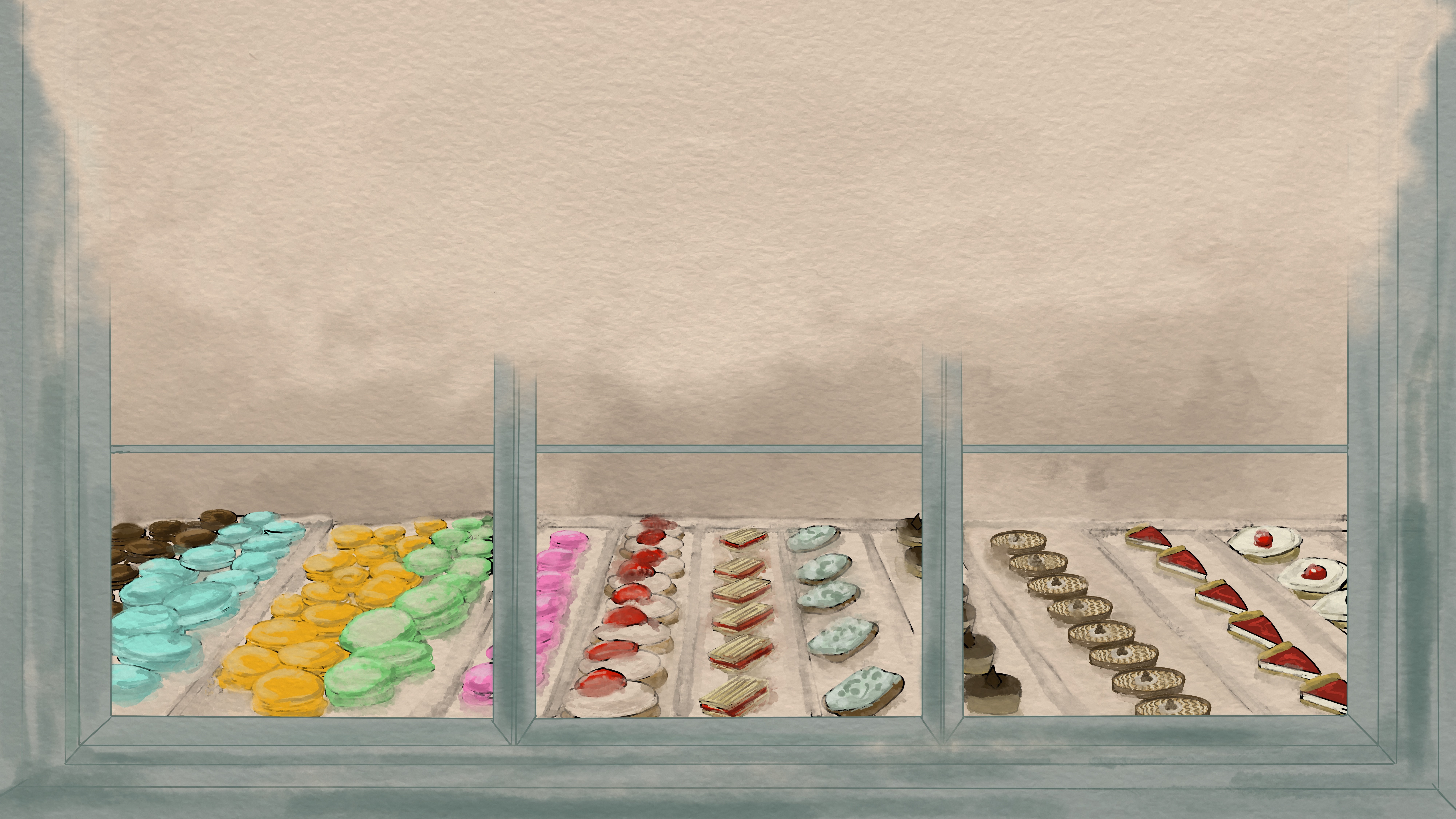 An illustration of a cake shop window with various cakes being displayed.