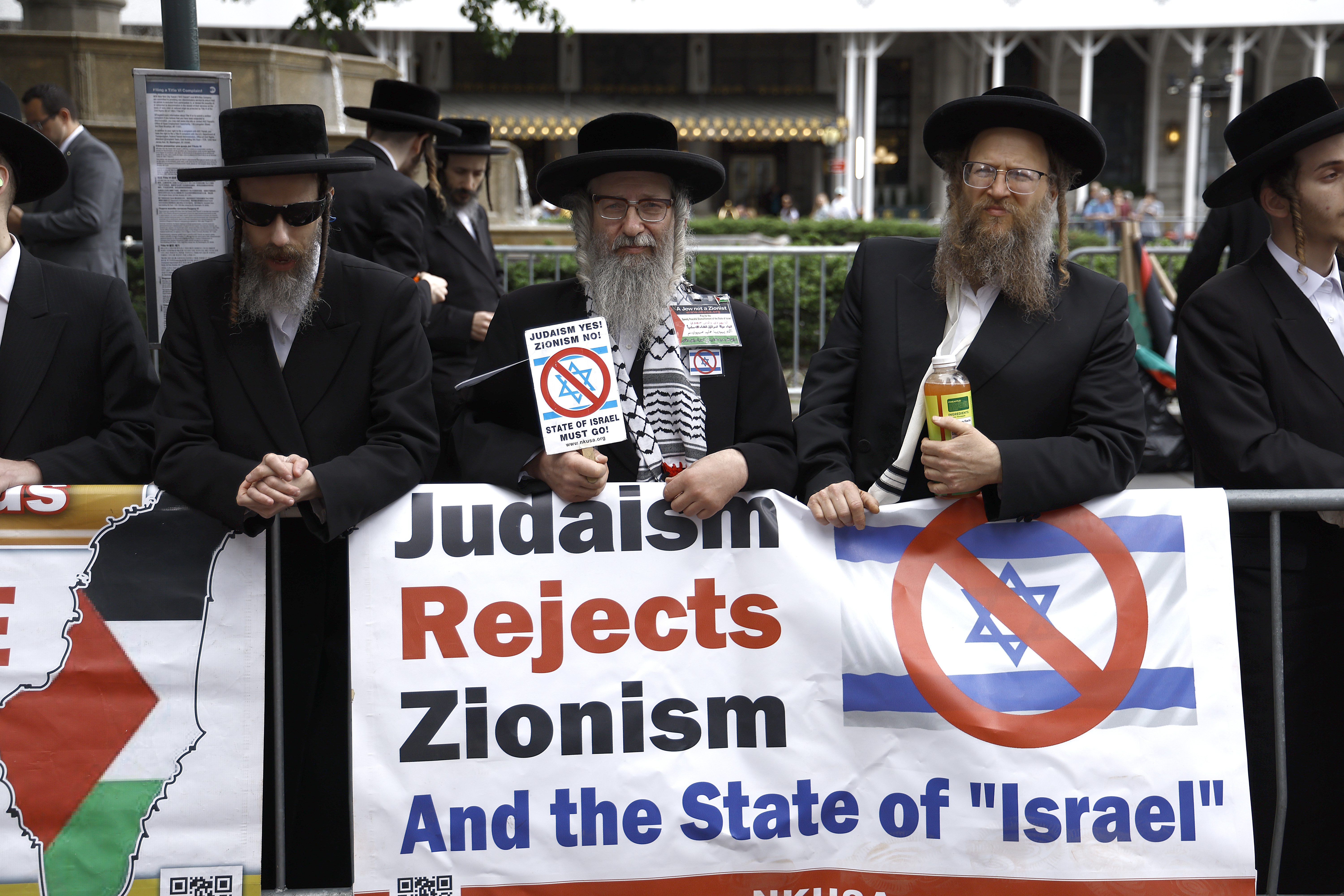 Counter protesters from the Hassidic Neturei Karta attend the Israel Parade in Midtown on June 04, 2023 in New York City.