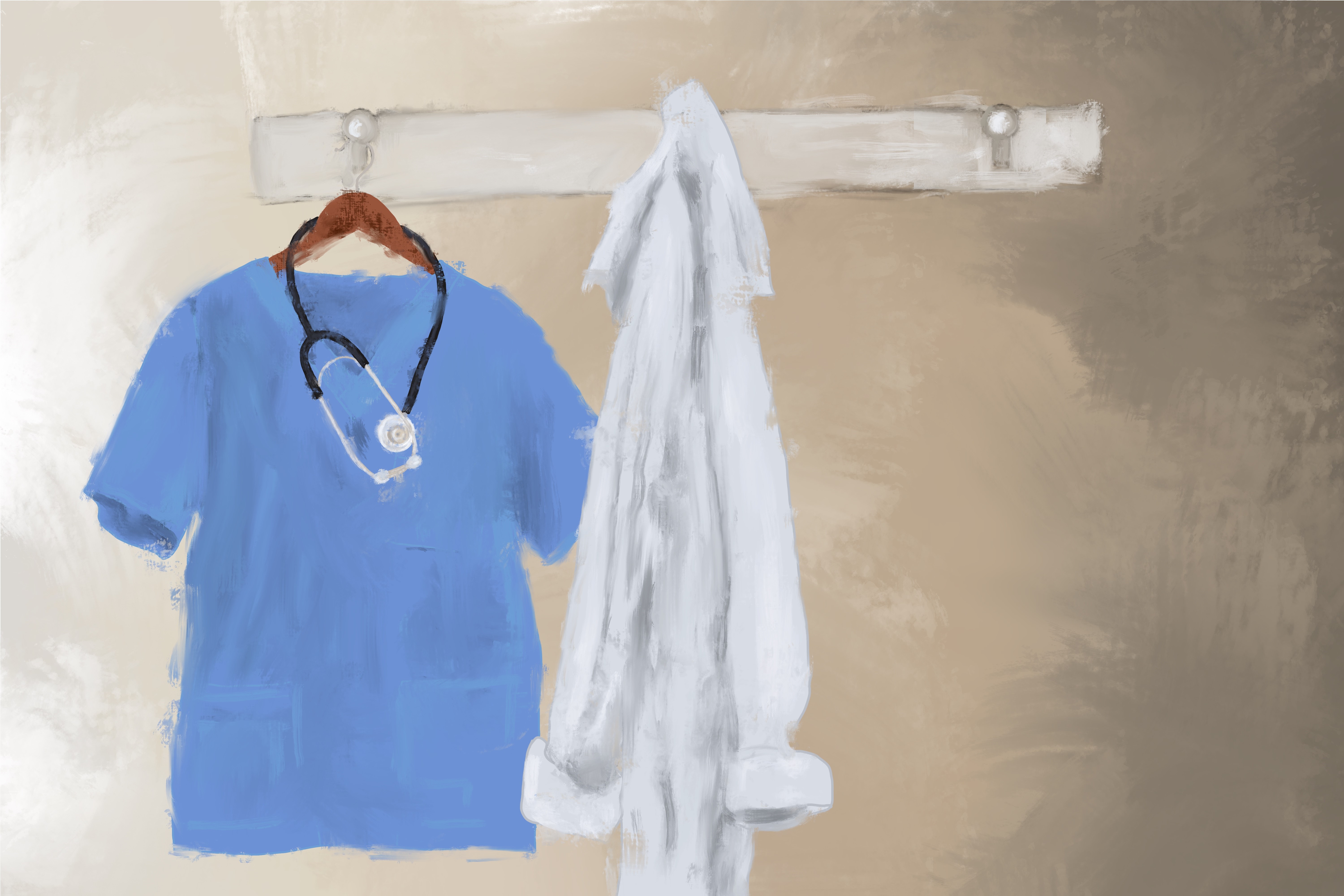An illustration of a coat rack with a blue shirt (scrubs) with a stethoscope hanging around it on a hanger on the coat rack and a lab coat hanging on the rack next to it.