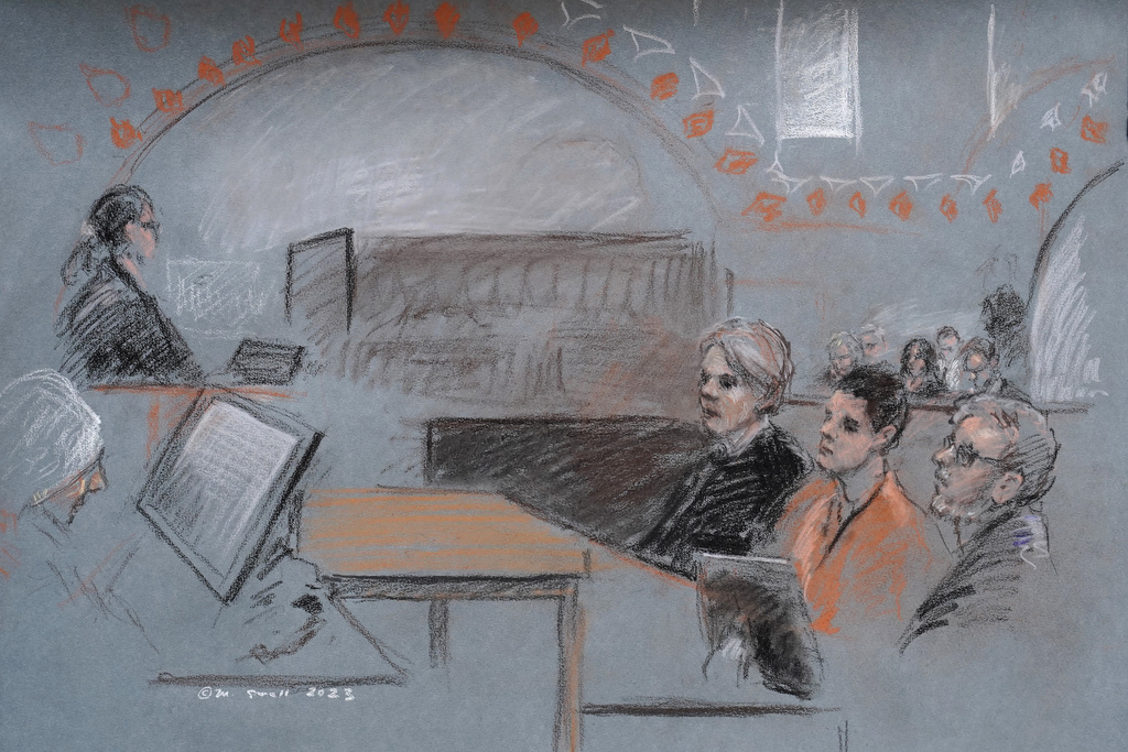 A courtroom sketch of Teixeira and his lawyers