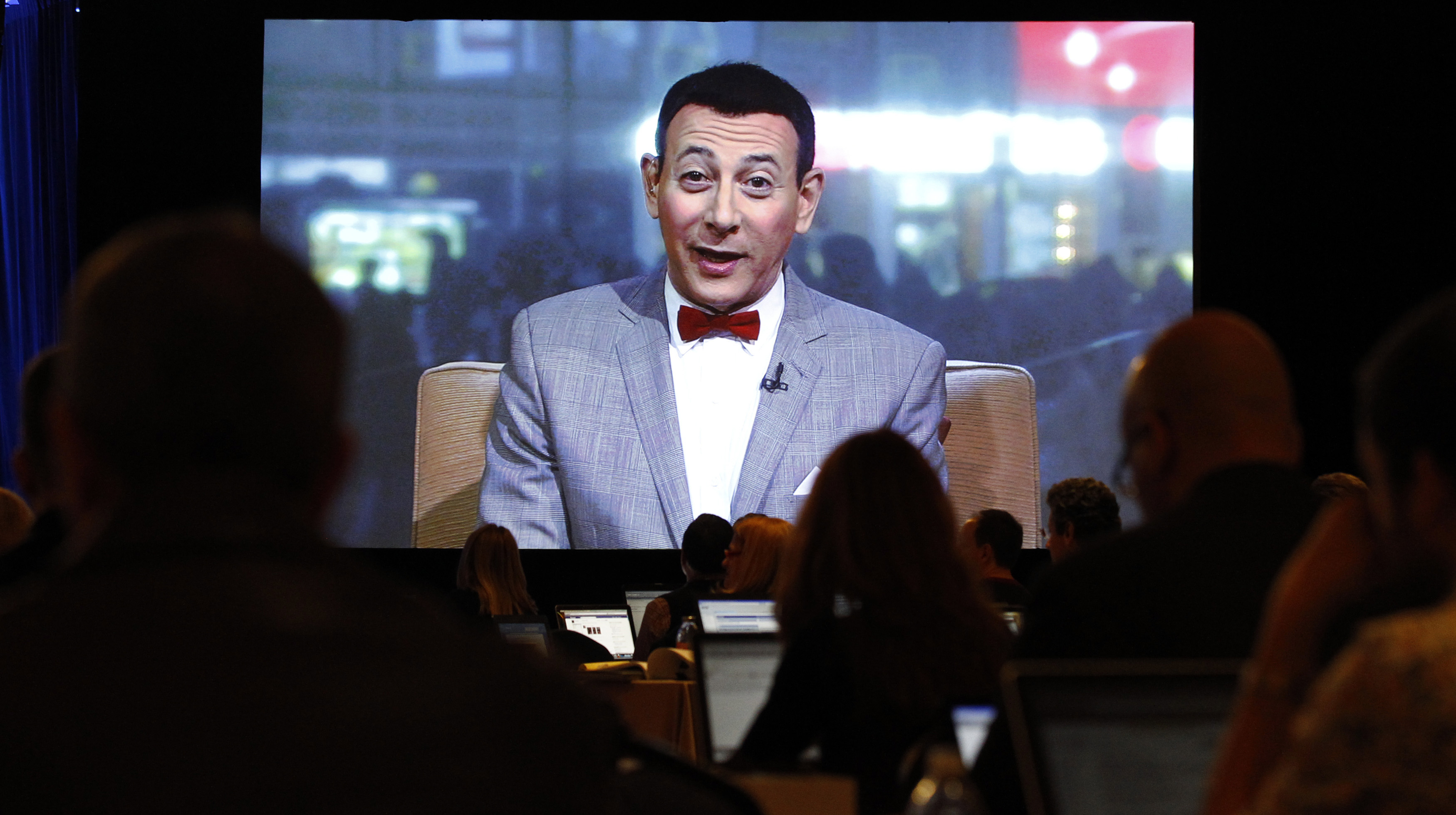 Paul Reubens speaks during a news conference