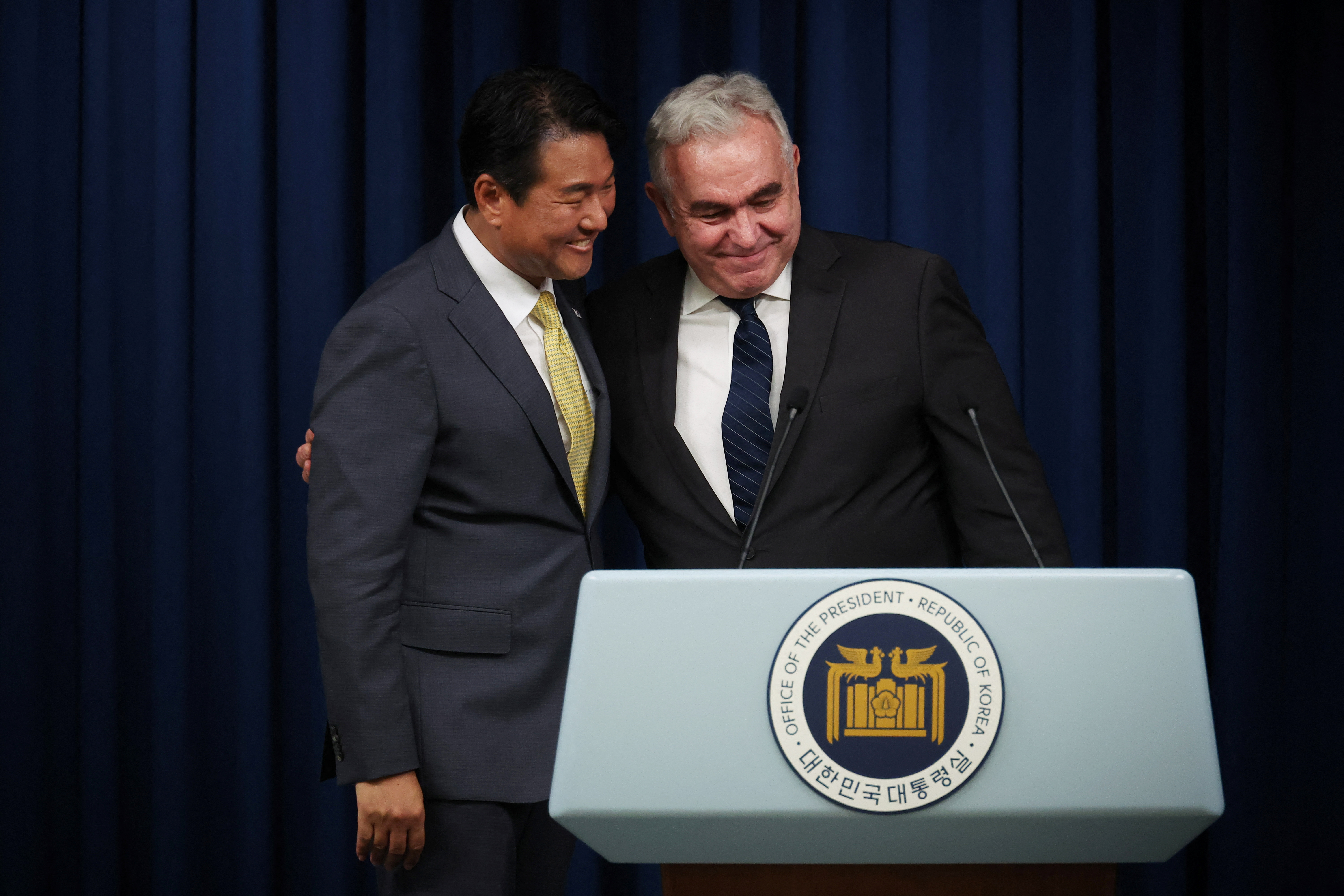 Principal Deputy National Security Adviser Kim Tae-hyo and U.S. National Security Council Coordinator for Indo-Pacific Affairs Kurt Campbell leave after a press conference at the Presidential Office in Seoul, South Korea, July 18, 2023. REUTERS/Kim Hong-Ji/Pool