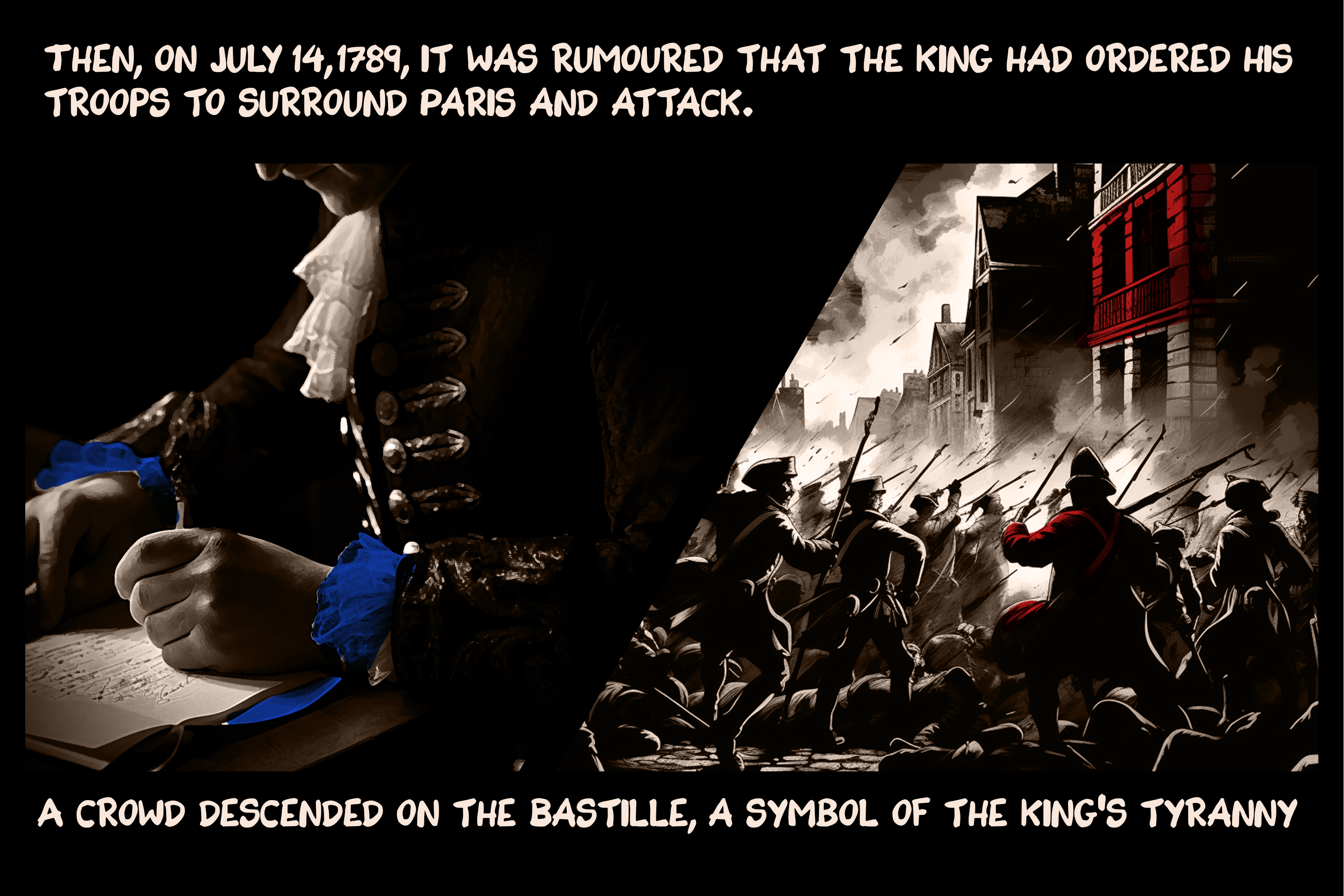 Then, on July 14, 1789, it was rumoured that the king had ordered his troops to surround Paris and attack. A crowd descended on the Bastille, a symbol of the king’s tyranny.