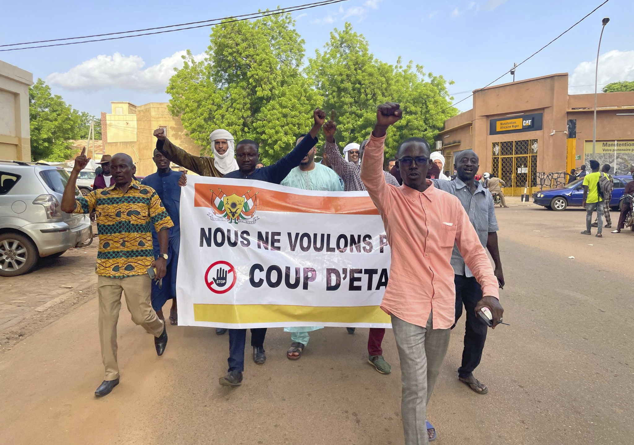 Supporters of Nigerien President Mohamed Bazoum demonstrate in his support in Niamey, Niger, Wednesday July 26, 2023.