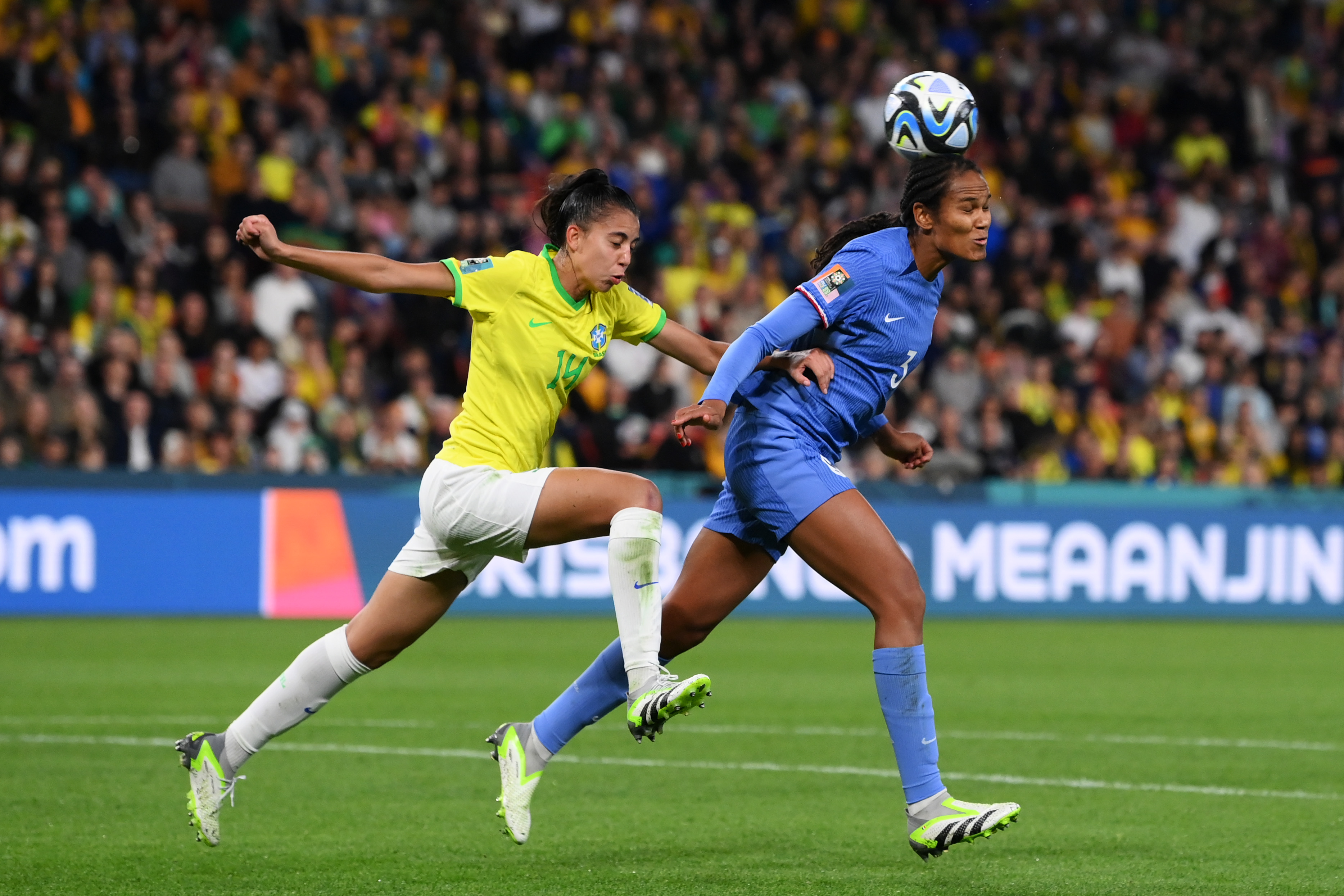 BRISBANE, AUSTRALIA - JULY 29: Wendie Renard of France and Lauren of Brazil compete for the ball during the FIFA Women's World Cup Australia & New Zealand 2023 Group F match between France and Brazil at Brisbane Stadium on July 29, 2023 in Brisbane, Australia. (Photo by Bradley Kanaris/Getty Images)