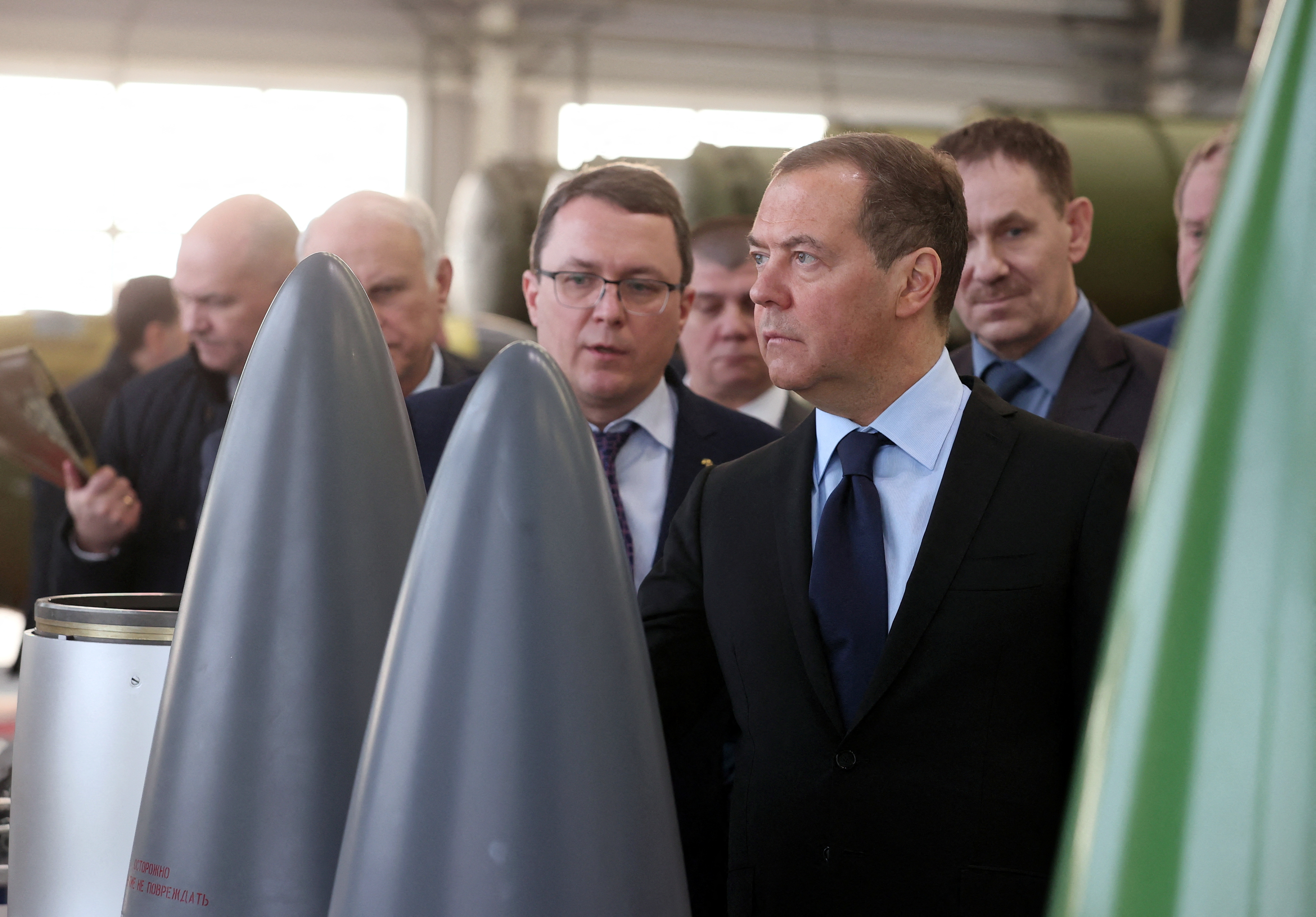 Deputy head of Russia's Security Council and chairman of the United Russia party Dmitry Medvedev visits the Raduga State Machine Building Construction Bureau named after A. Bereznyak in Dubna, Moscow region, Russia February 2, 2023. Sputnik/Yekaterina Shtukina/Pool via REUTERS ATTENTION EDITORS - THIS IMAGE WAS PROVIDED BY A THIRD PARTY.