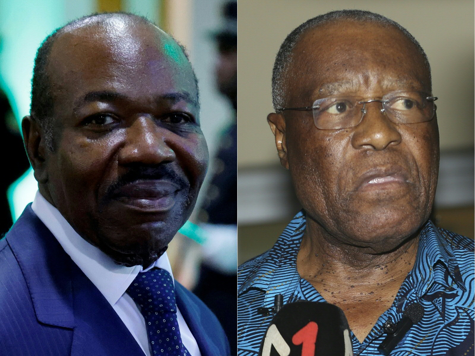 Gabon's President Ali Bongo Ondimba (L) looks on as he attends a bilateral meeting with French President at Presidential Palace in Libreville, on March 1, 2023 and Albert Ondo Ossa (R) nominated candidate for the Alternance 2023 opposition grouping in Gabon speaks to the media in Libreville