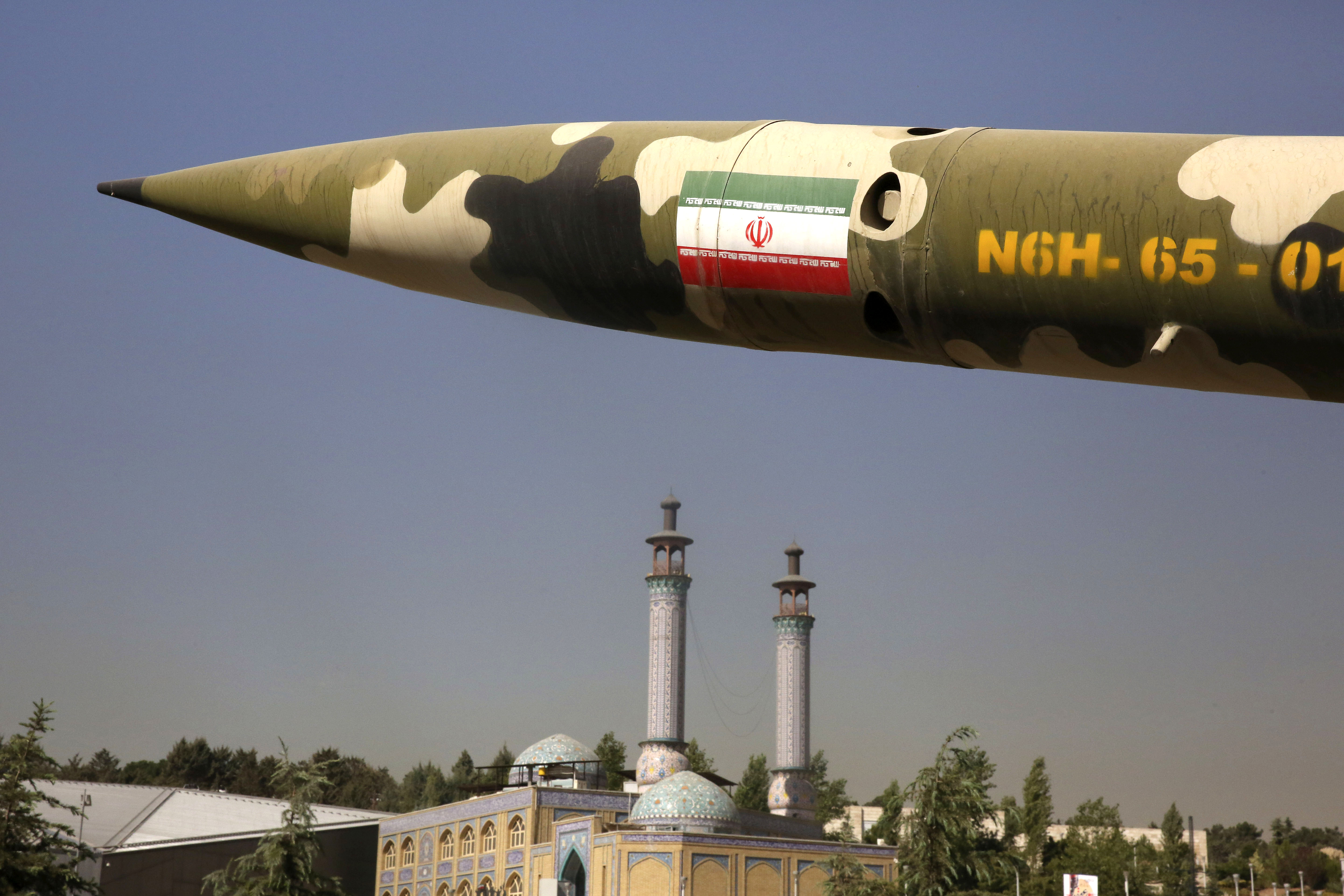 A missile is displayed at an exhibition on the 1980-88 Iran-Iraq war